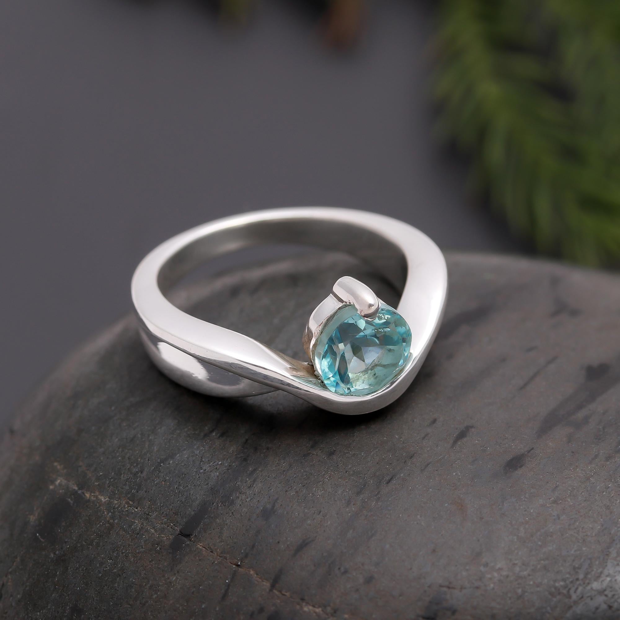 925 Silver Round Aquamarine Ring