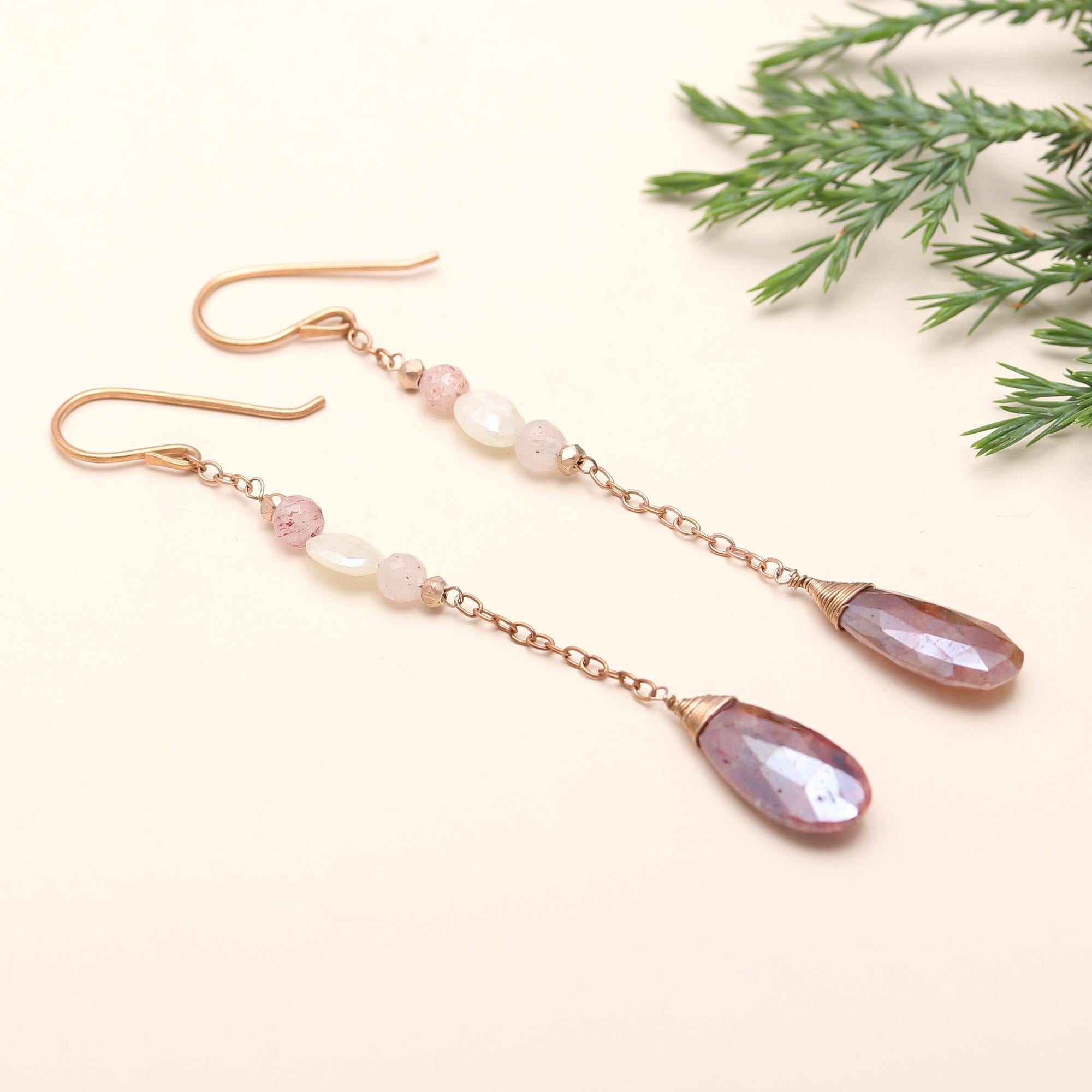 Designer Brass Chain Earrings with Strawberry Quartz and Silverite