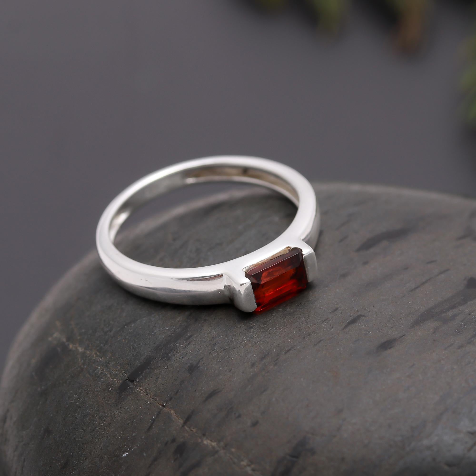 925 Silver Baguette Garnet Ring