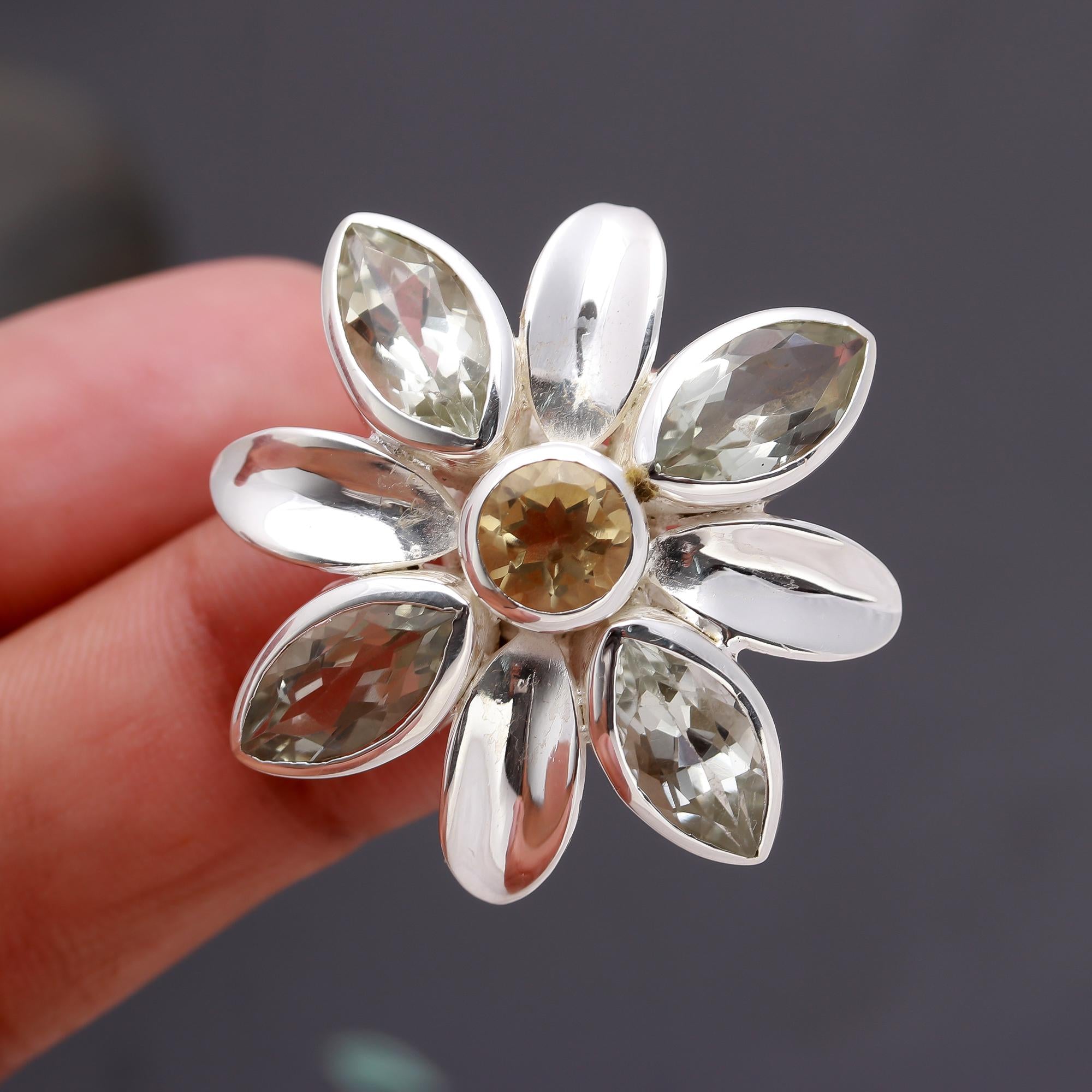 925 Silver Floral Petal Gemstone Ring