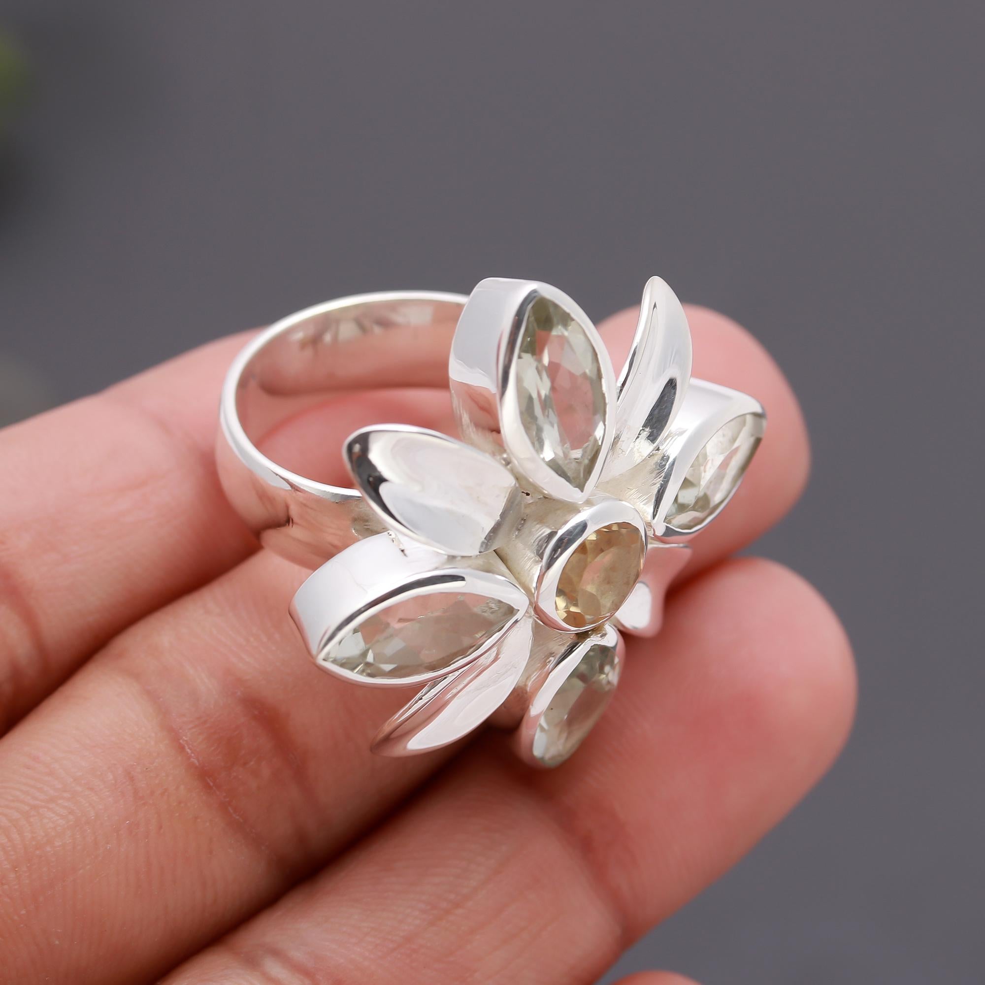 925 Silver Floral Petal Gemstone Ring