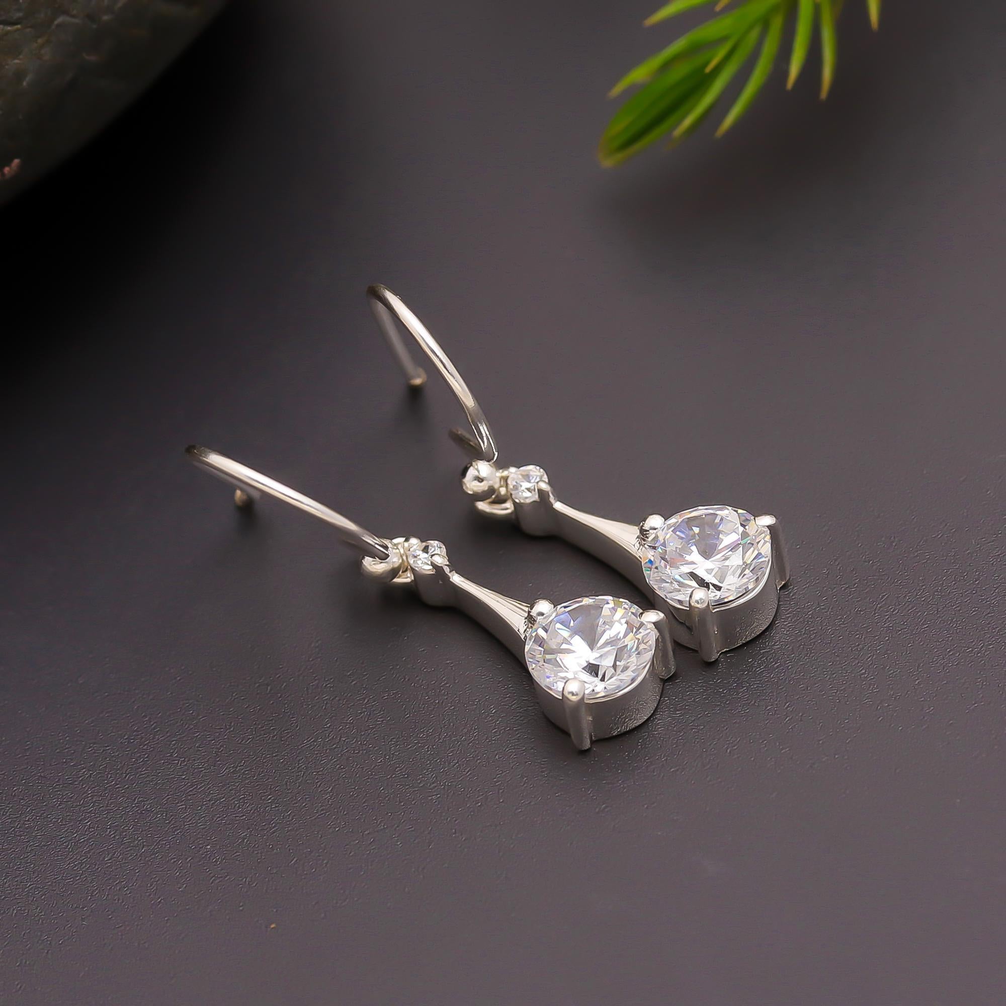 925 Silver Round CZ Drop Hook Earrings