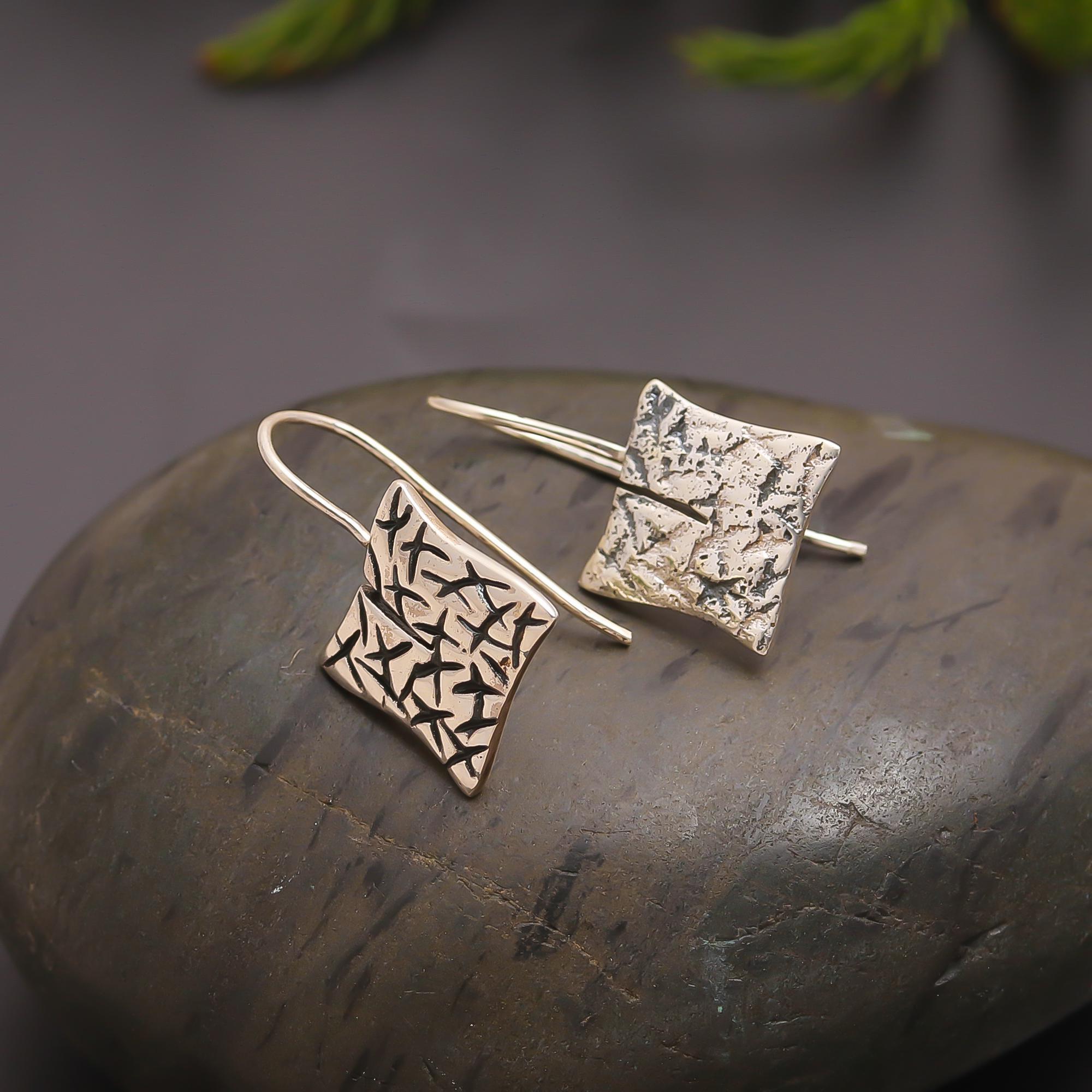 925 Silver Textured Square Drop Earrings