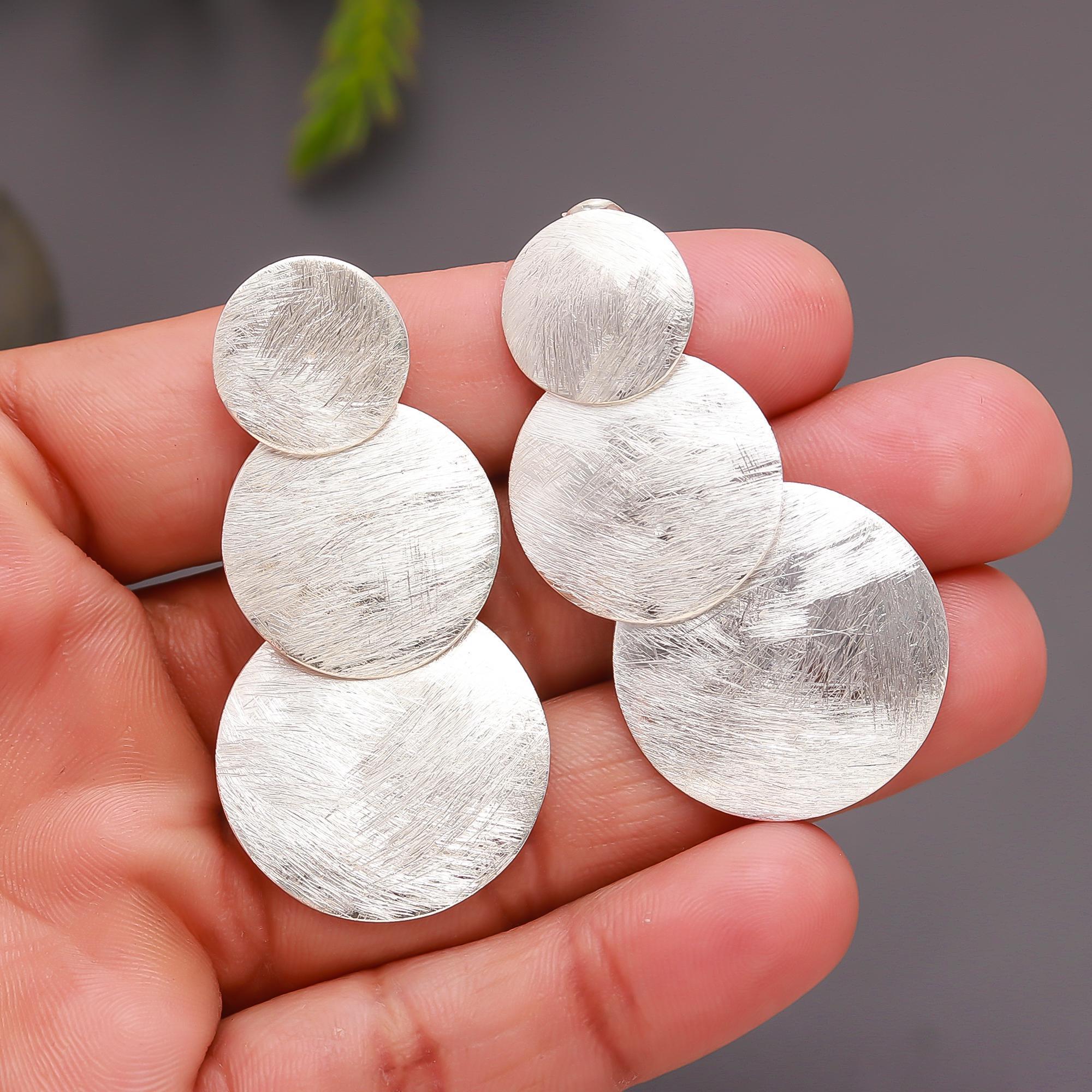 925 Silver Brushed Circle Cascade Earrings
