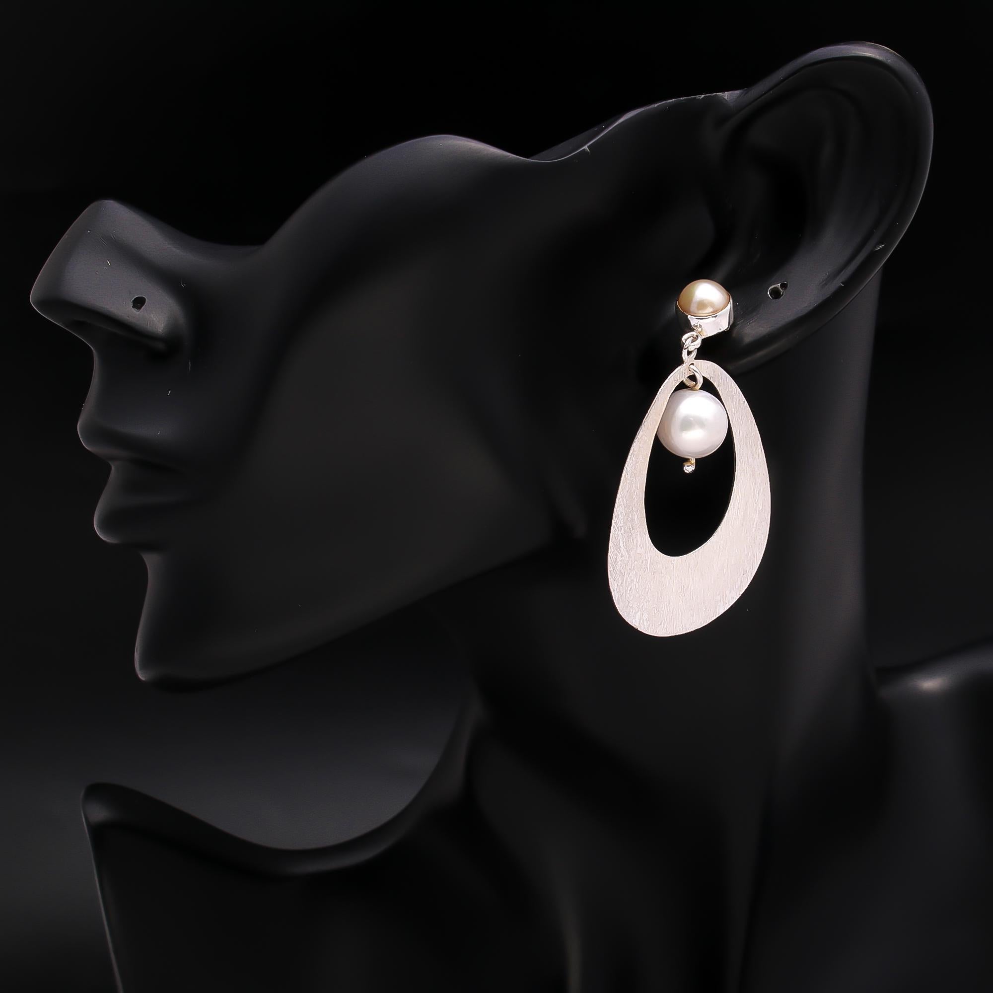 925 Silver Brushed Oval Pearl Drop Earrings