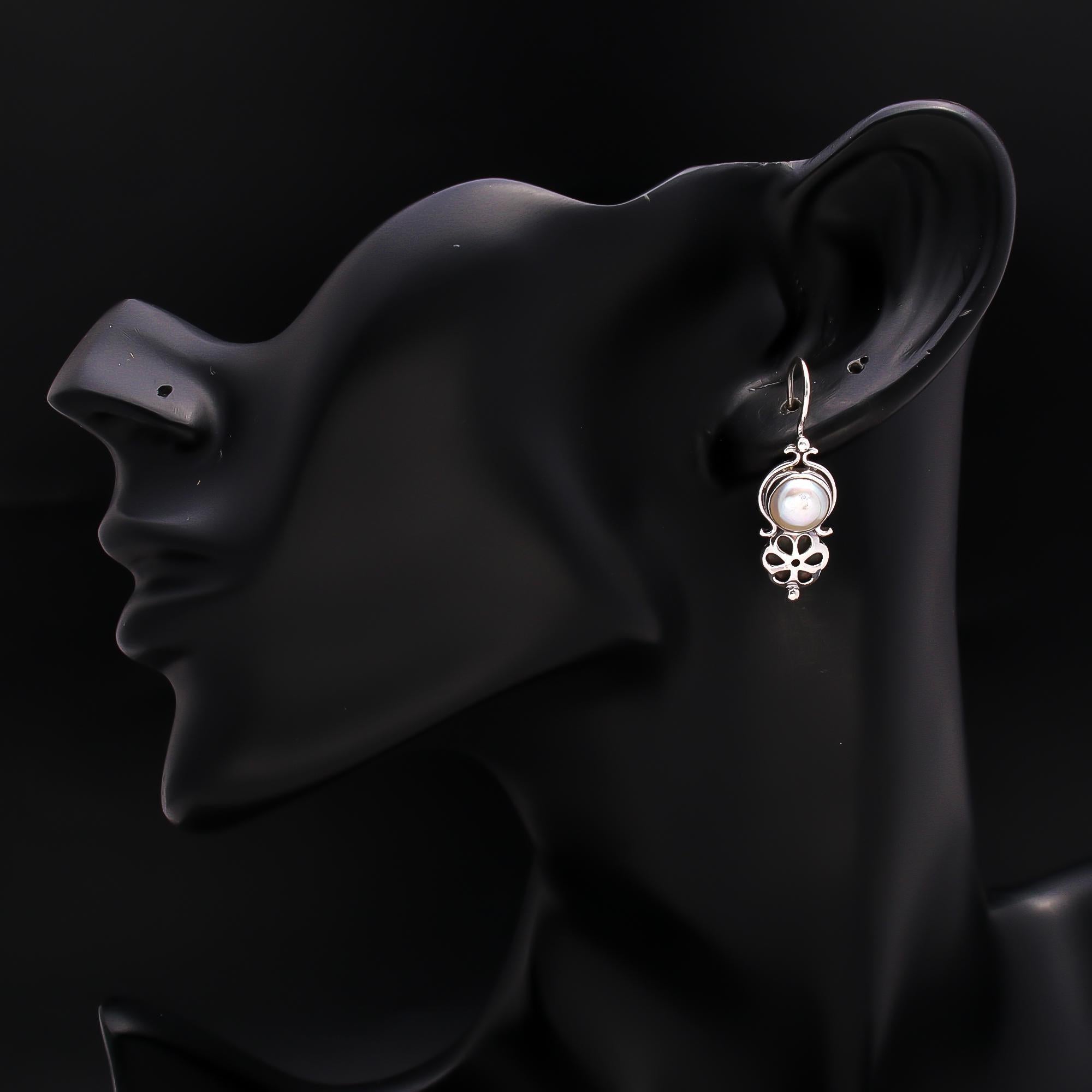 925 Silver Floral Pearl Dangle Earrings