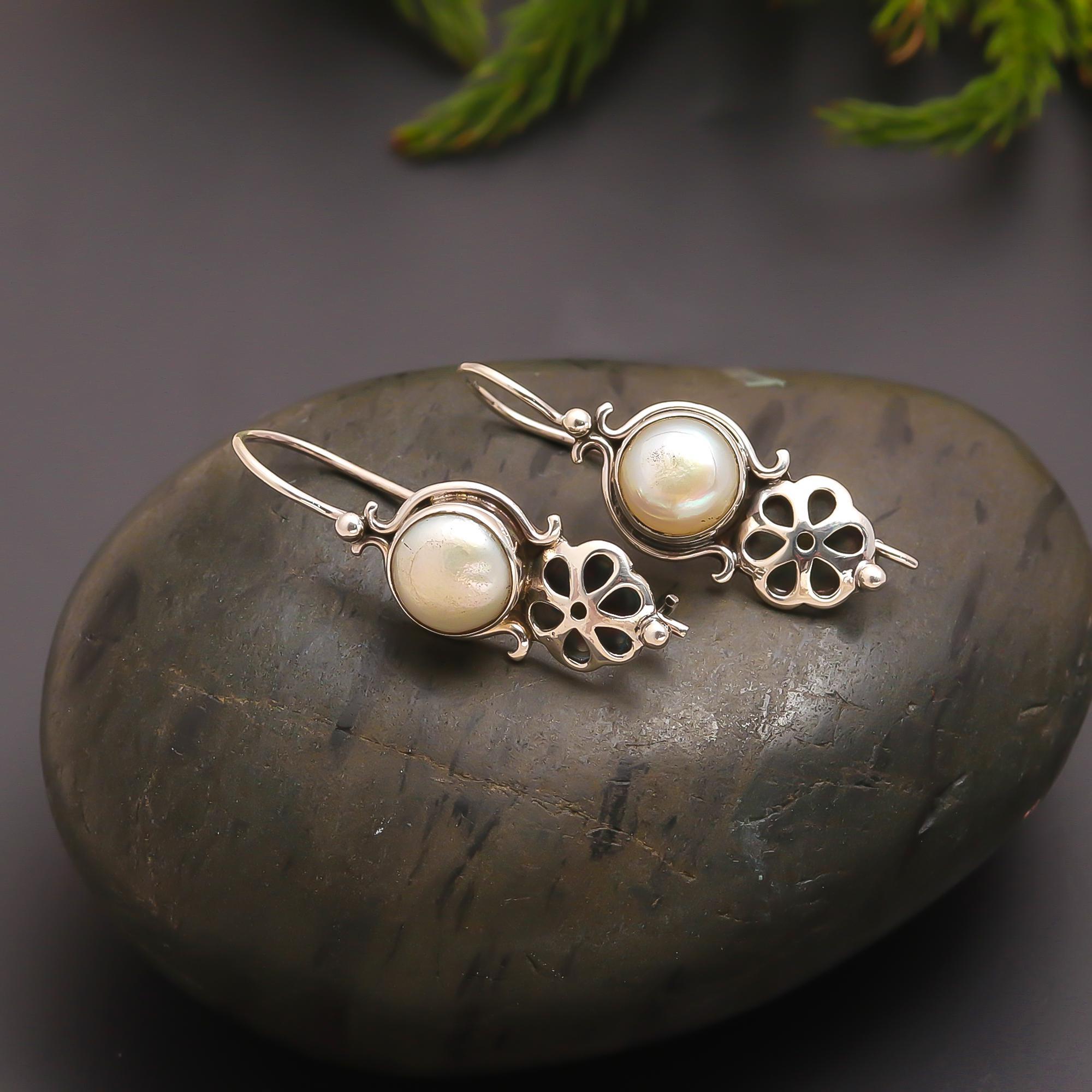 925 Silver Floral Pearl Dangle Earrings
