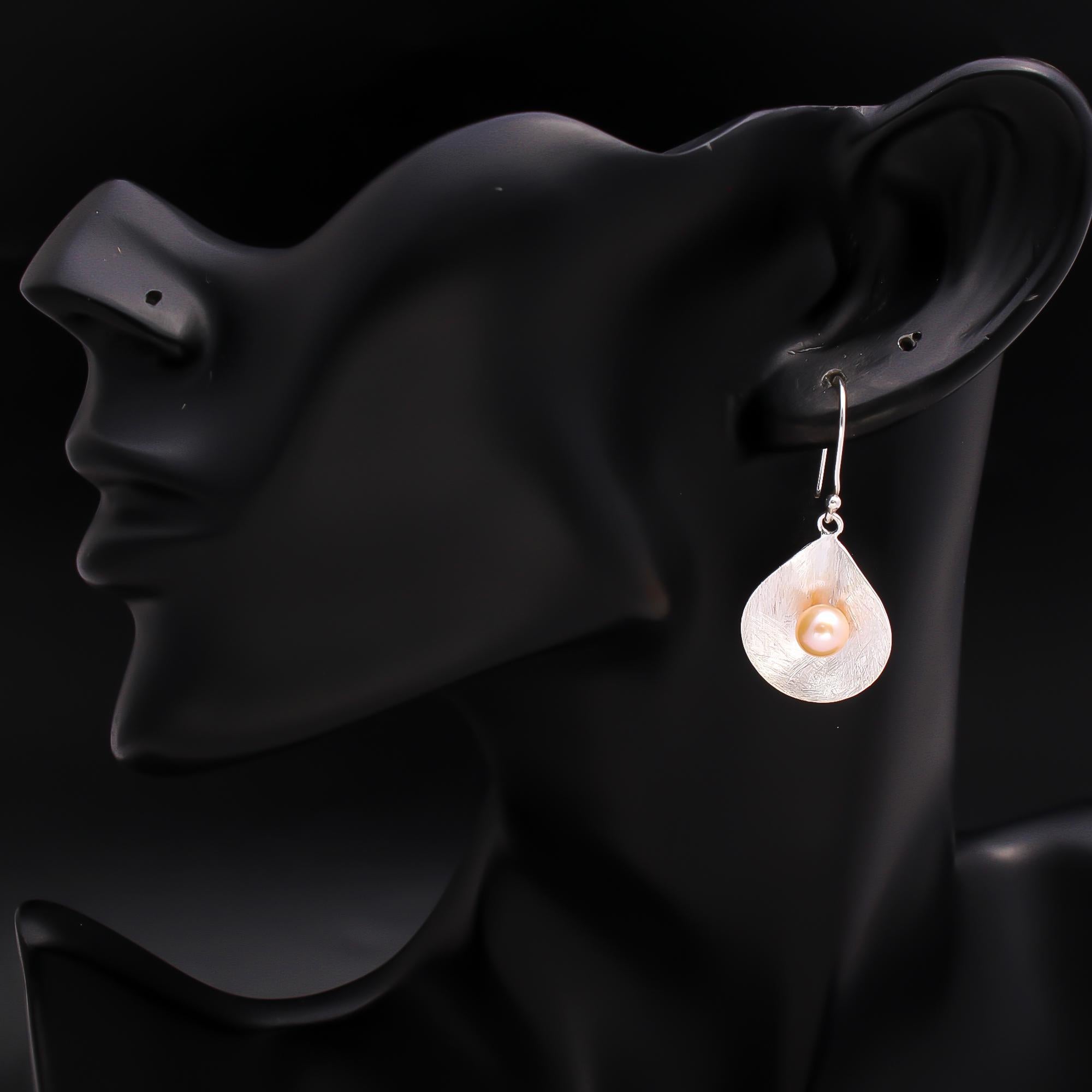 925 Silver Brushed Teardrop Pearl Earrings