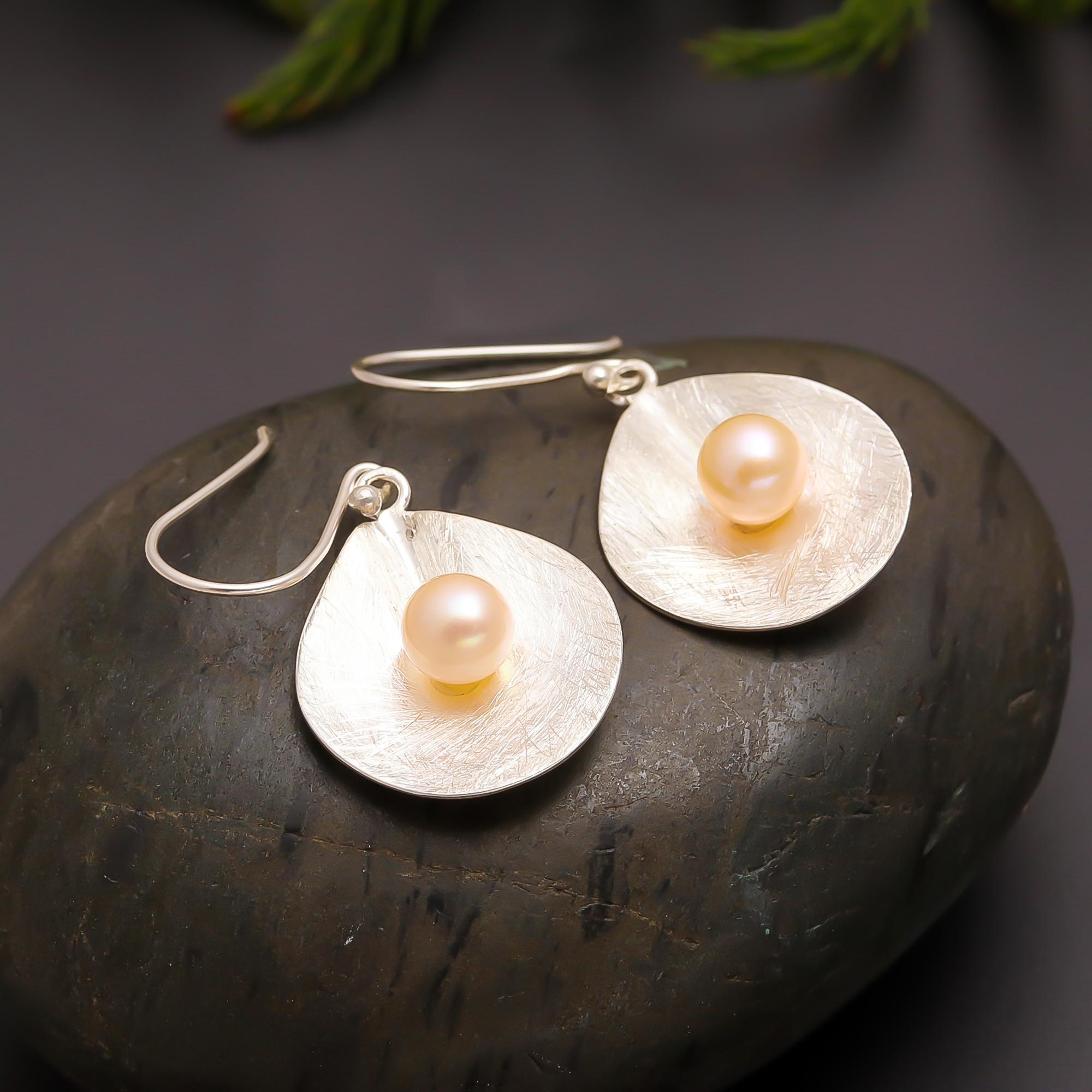 925 Silver Brushed Teardrop Pearl Earrings