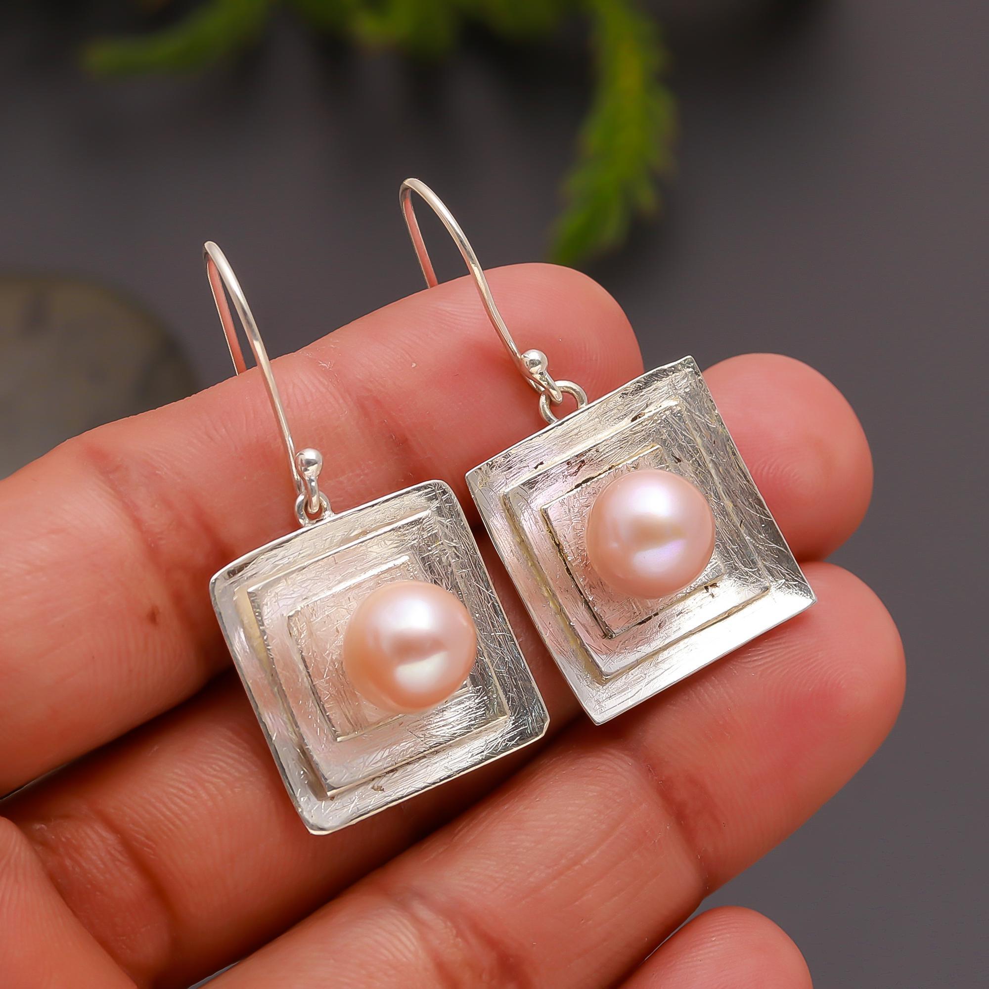 925 Silver Geometric Square Pearl Drop Earrings