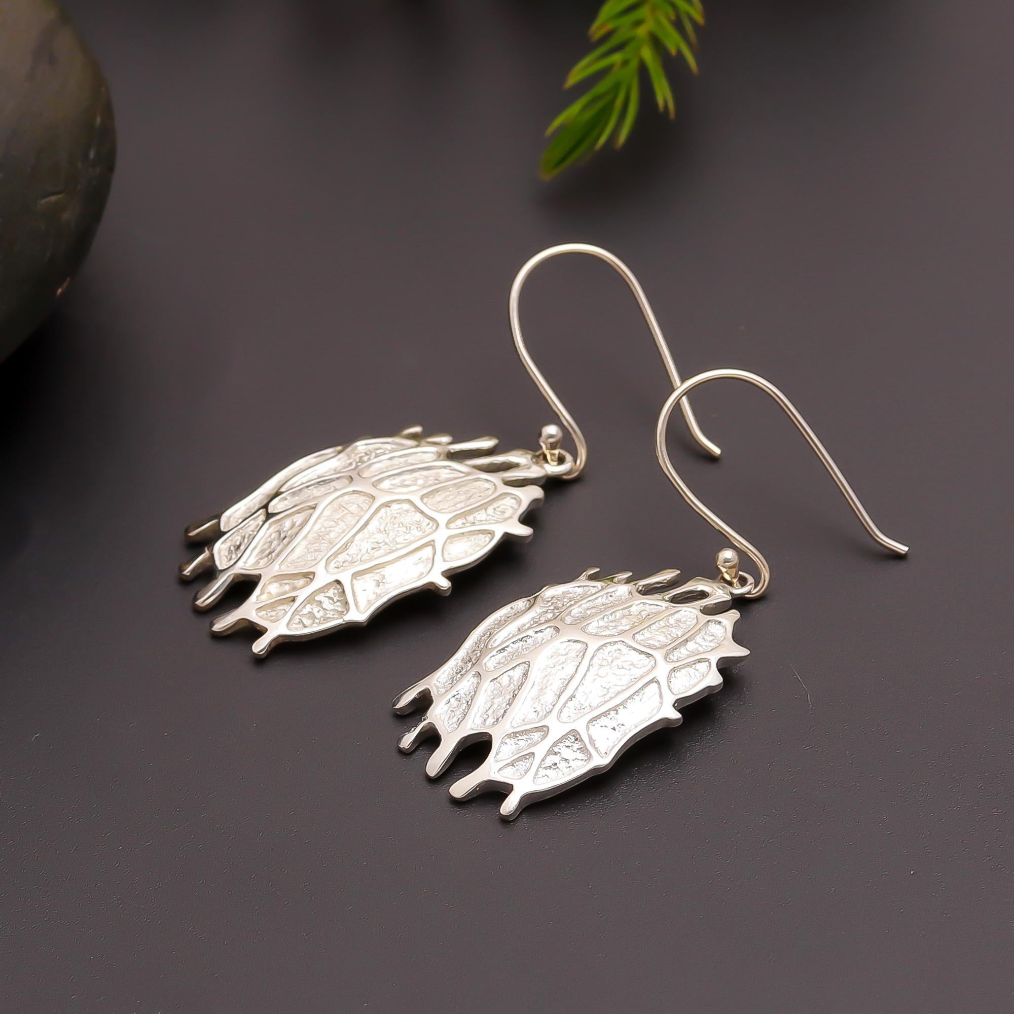 925 Silver Textured Leaf Vein Drop Earrings