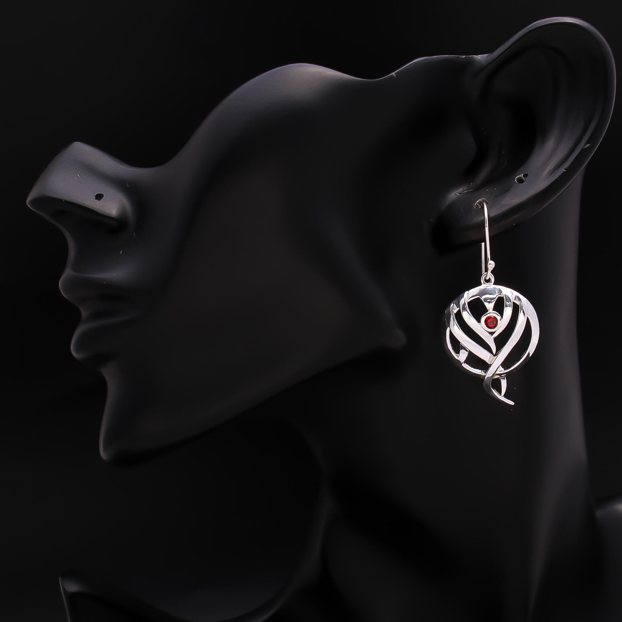 925 Silver Modern Leaf Vine Earrings with Garnet Accent