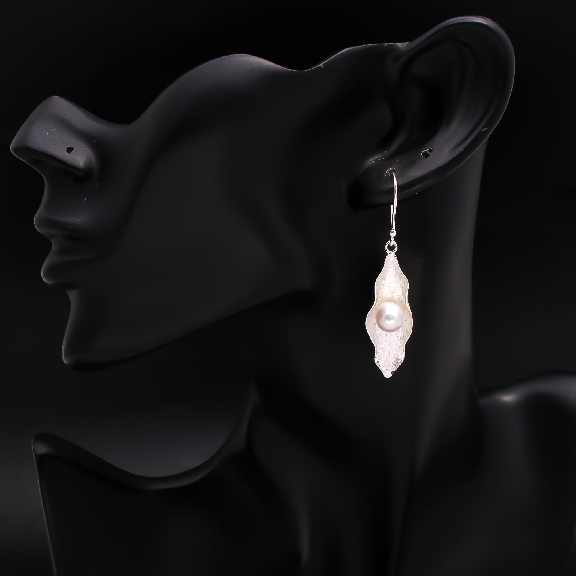 925 Silver Leaf Pod Pearl Drop Earrings
