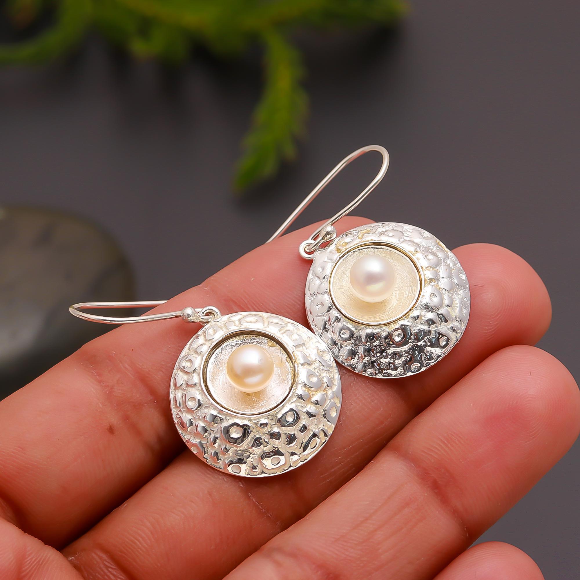 925 Silver Textured Disc Pearl Dangle Earrings