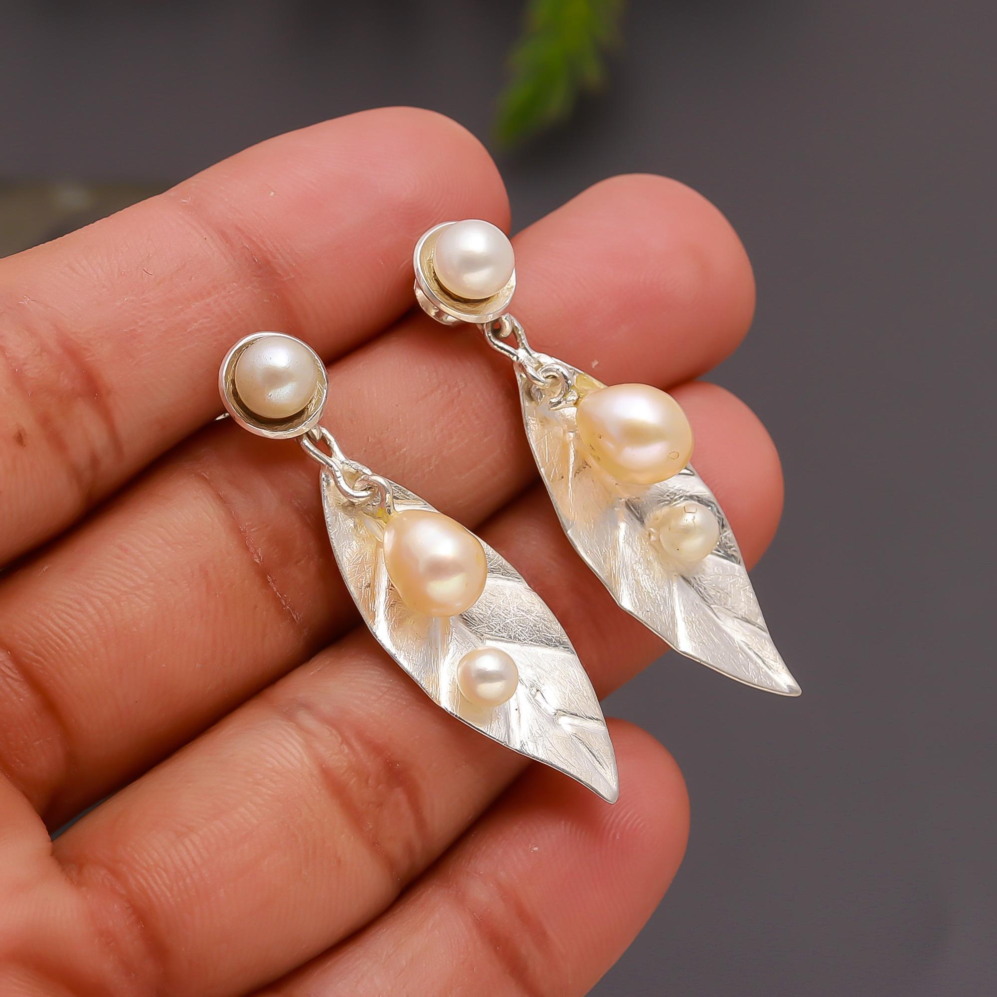 925 Silver Leaf Freshwater Pearl Earrings