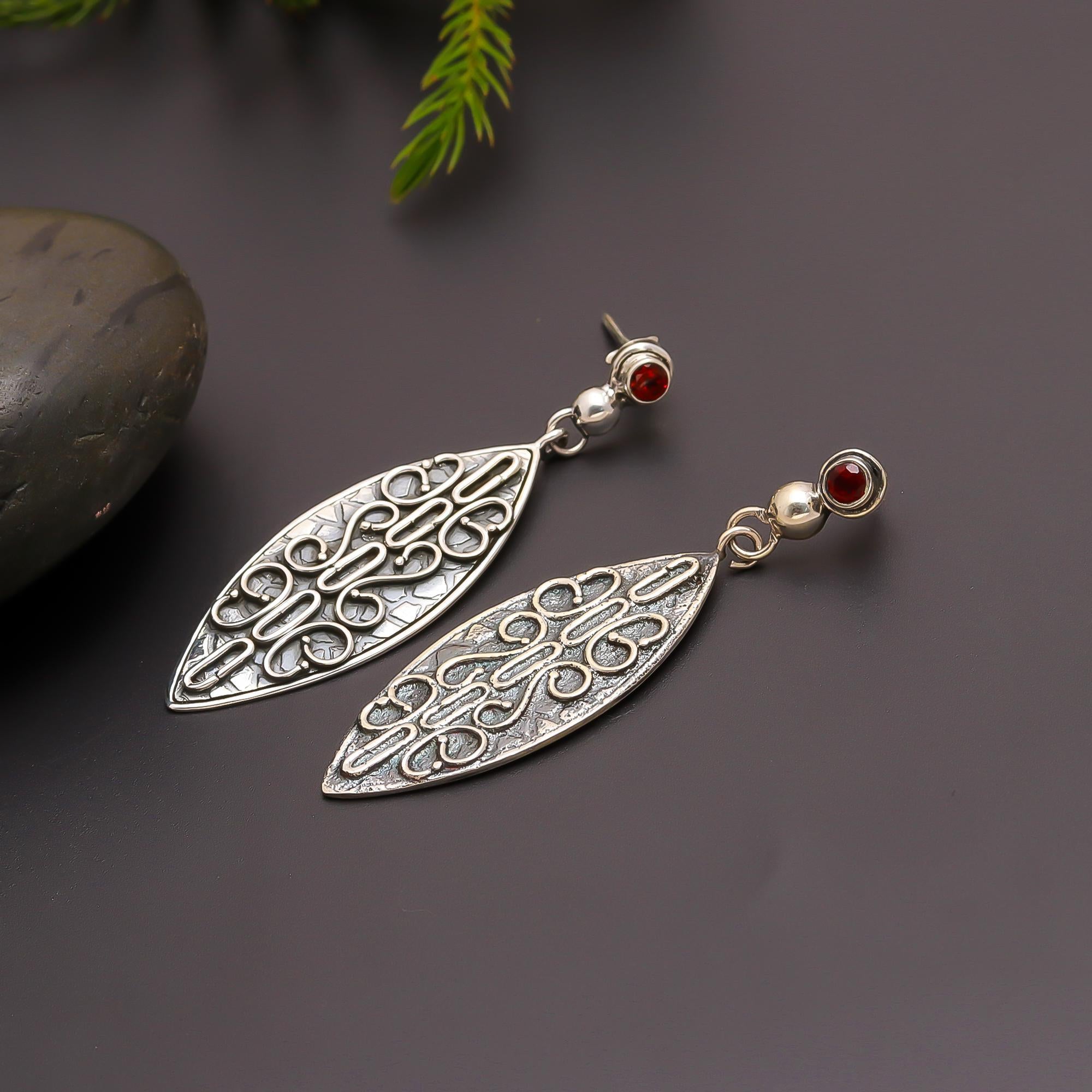 925 Silver Filigree Teardrop Garnet Drop Earrings
