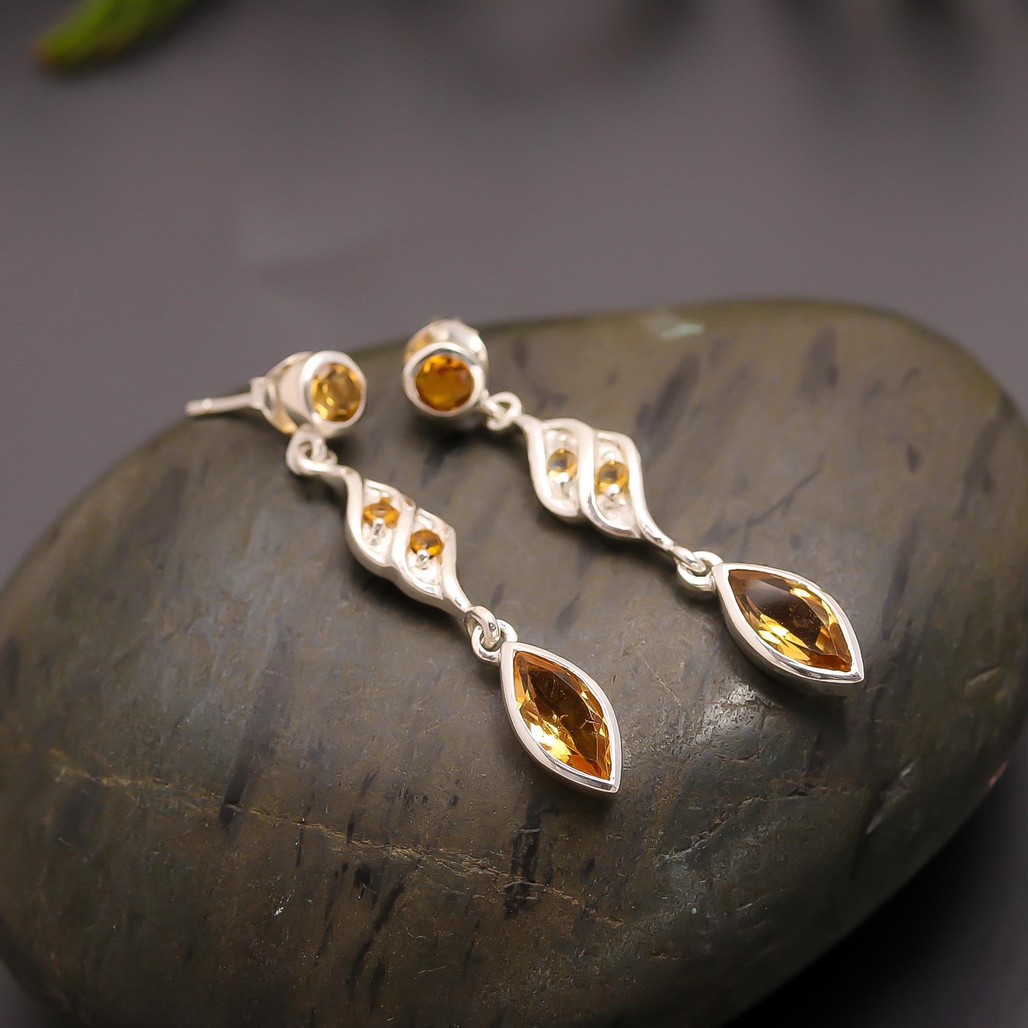 925 Silver Marquise-Cut Citrine Dangle Earrings