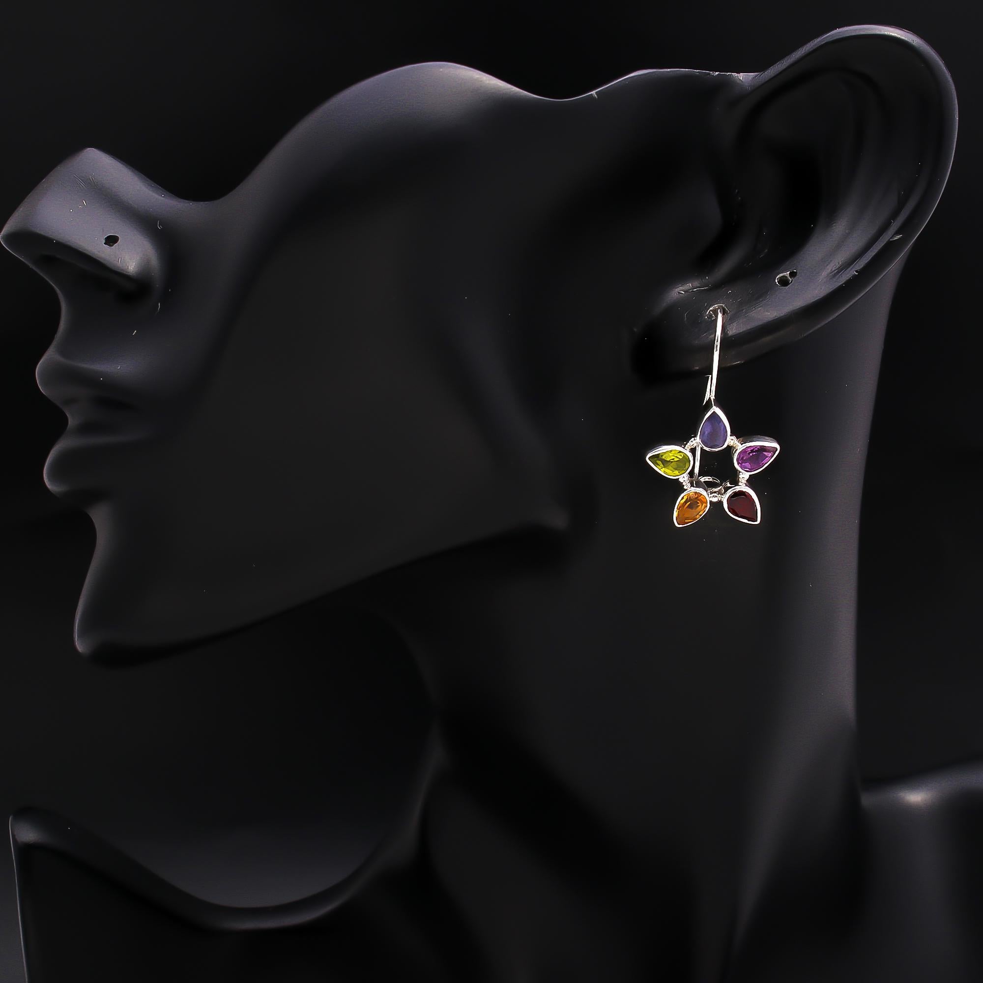 925 Silver Multi-Gemstone Star Drop Earrings