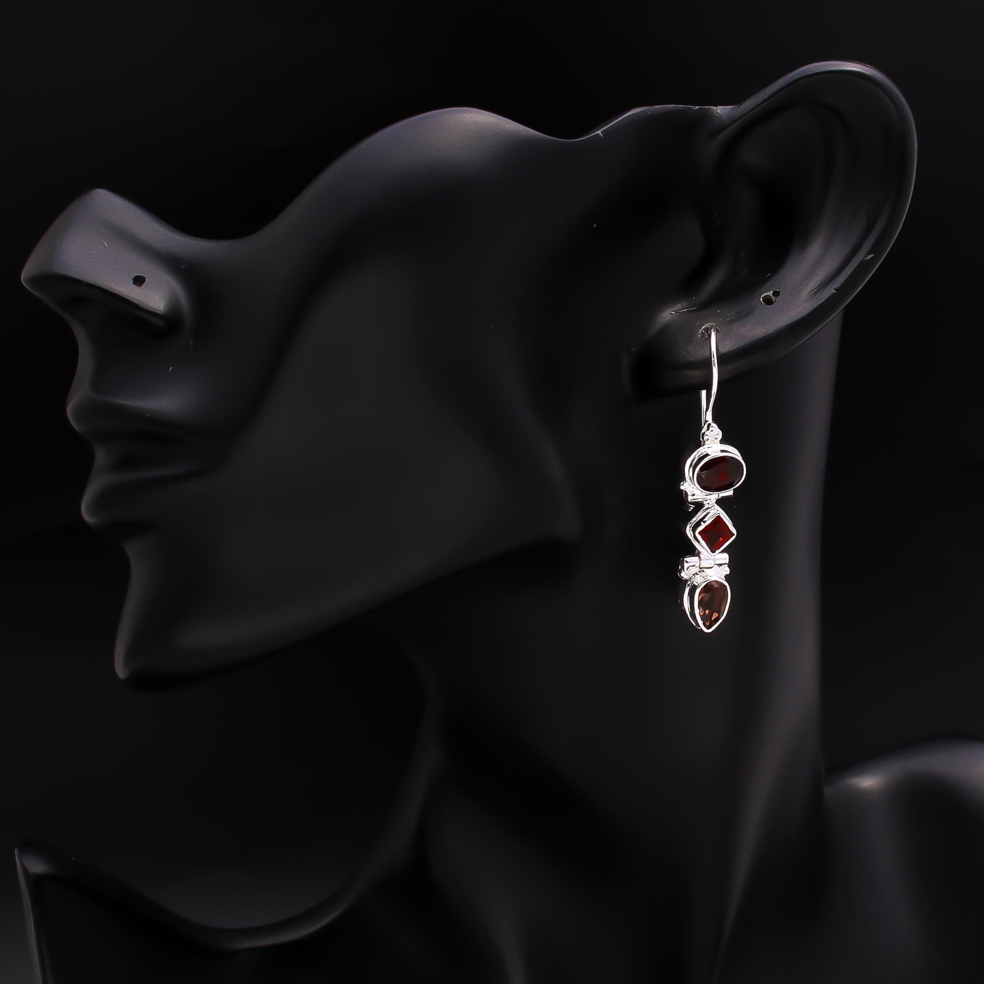 925 Silver Garnet & Smoky Quartz Drop Earrings