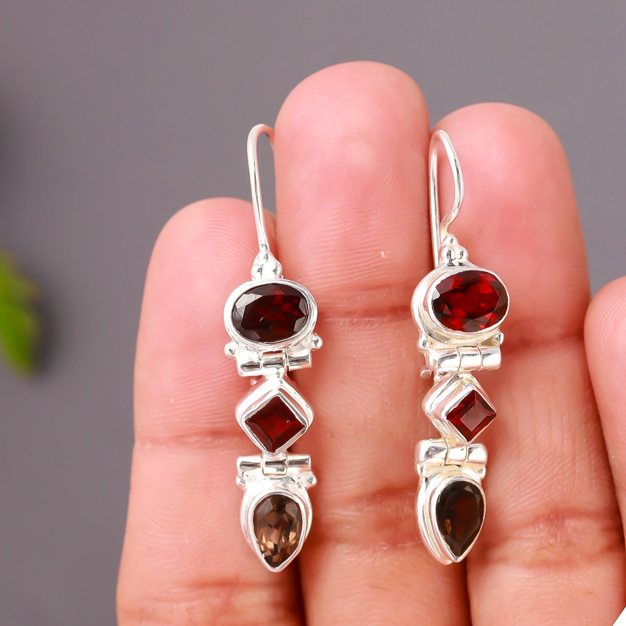 925 Silver Garnet & Smoky Quartz Drop Earrings
