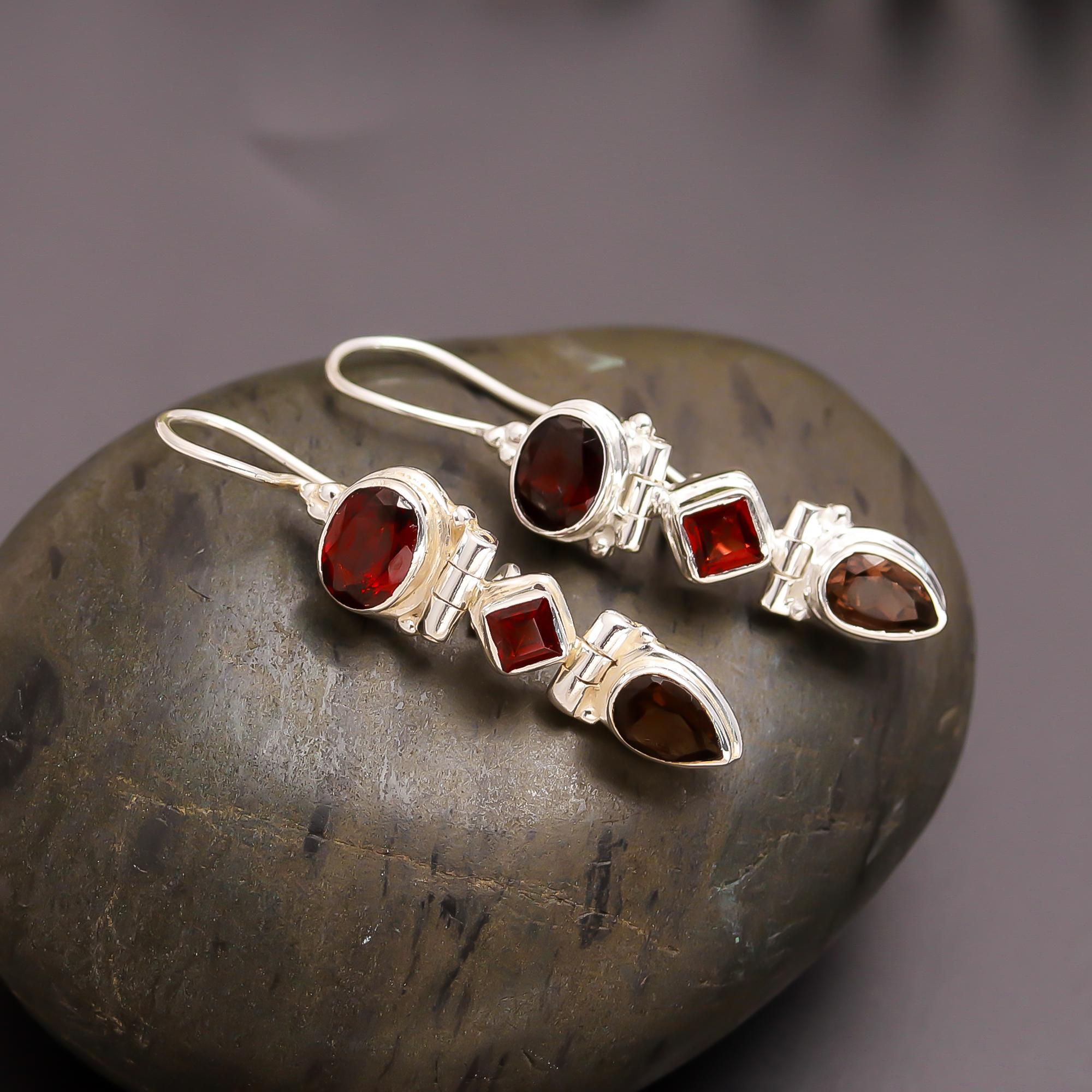 925 Silver Garnet & Smoky Quartz Drop Earrings