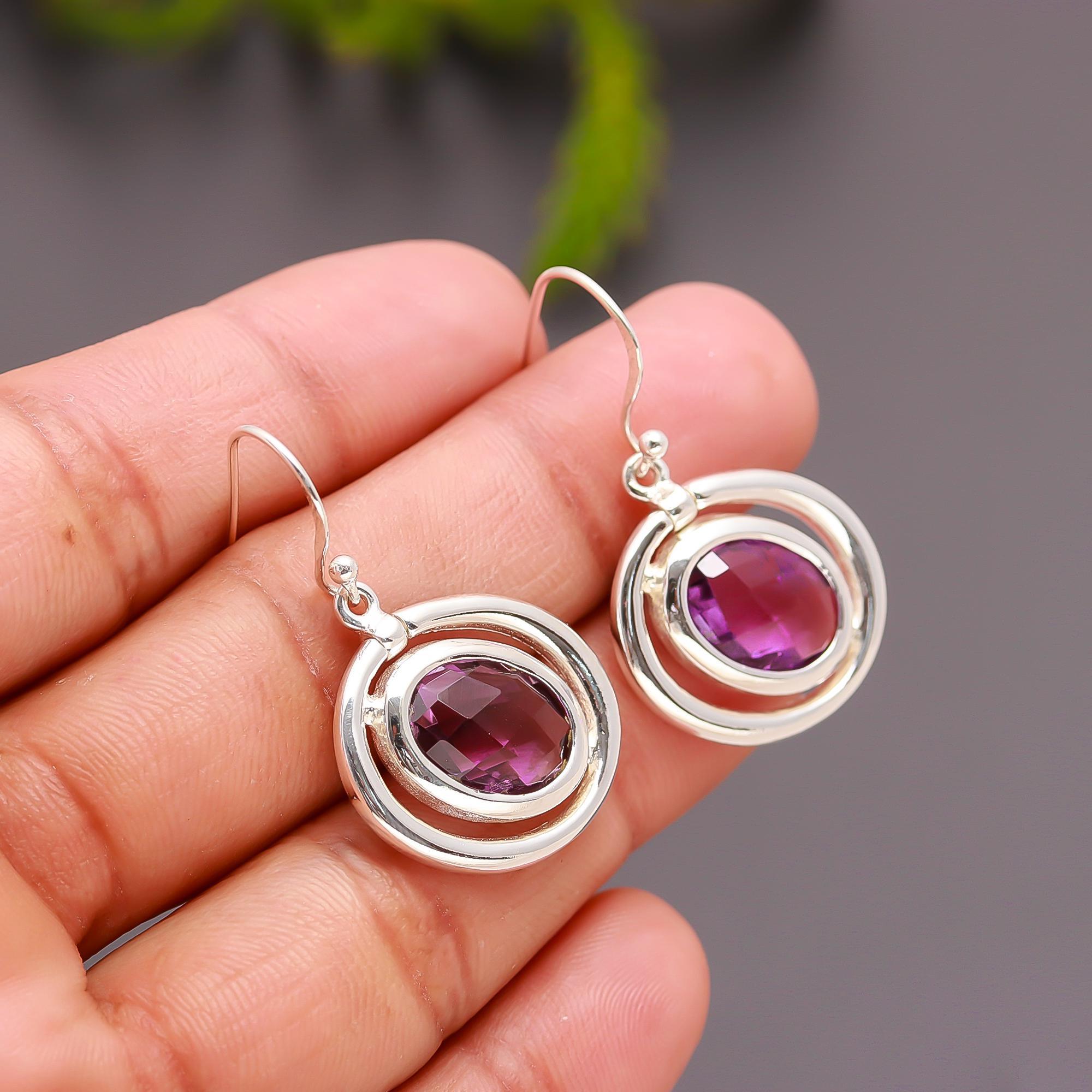 925 Silver Round Amethyst Drop Earrings