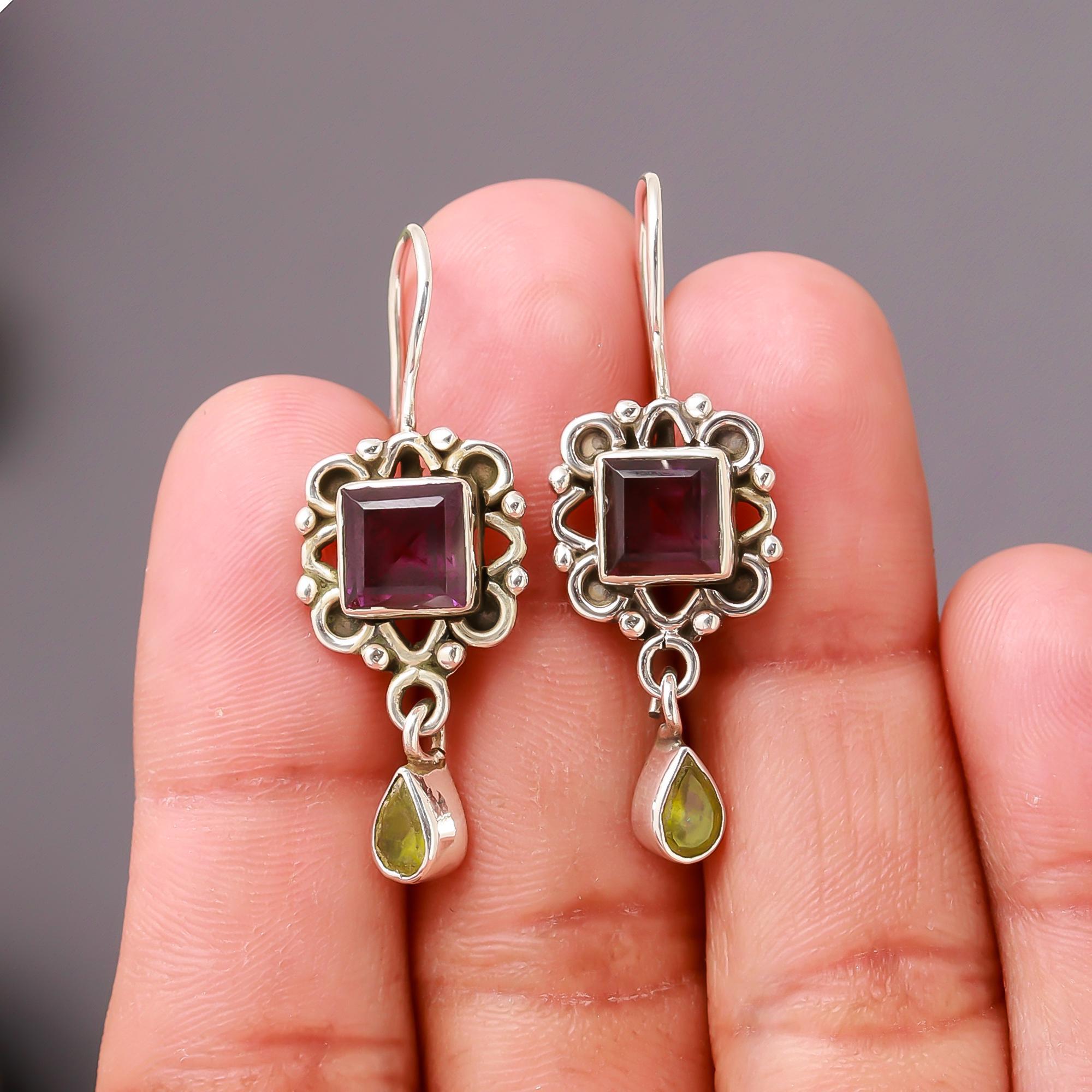 925 Silver Garnet and Peridot Drop Earrings