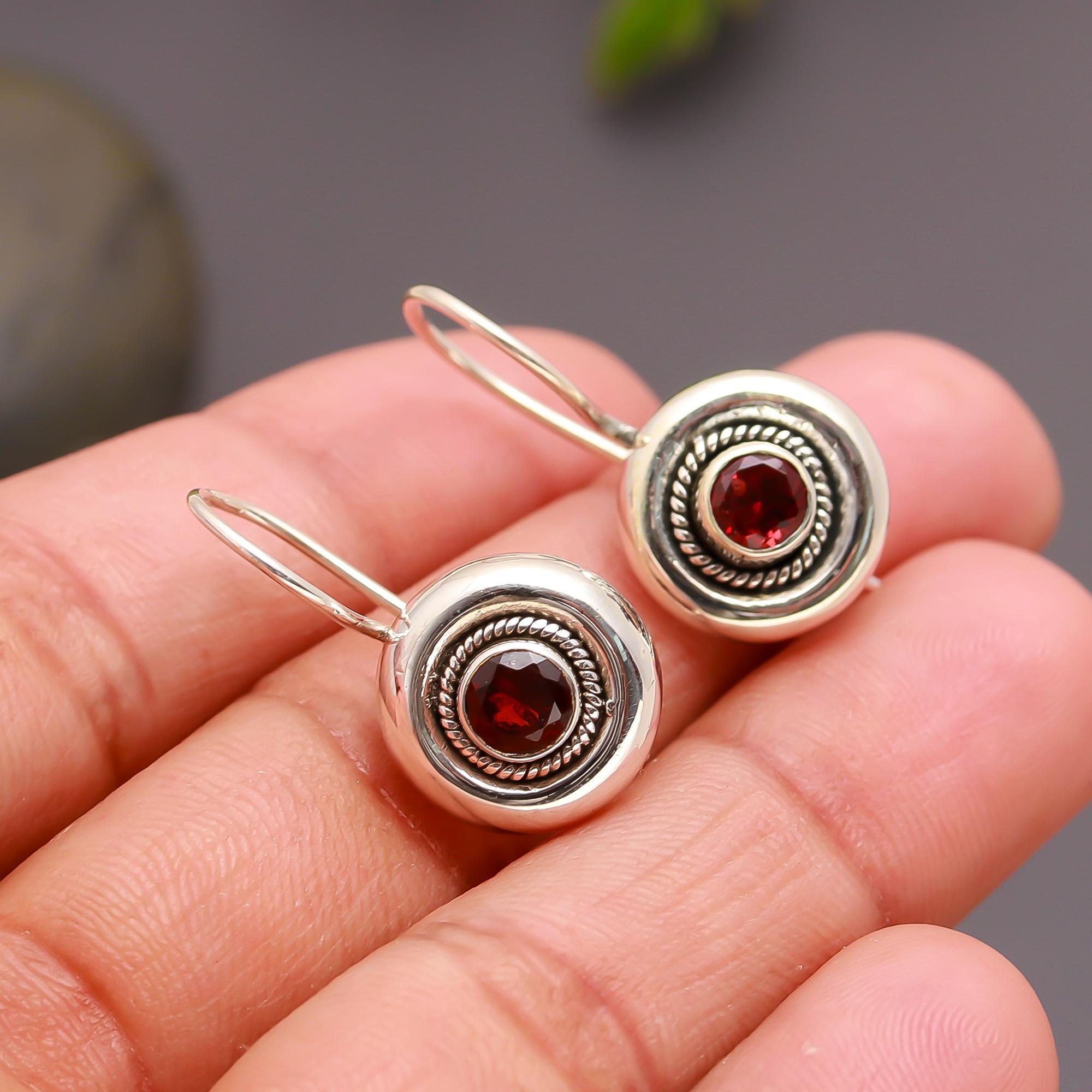 925 Silver Round Garnet Drop Earrings