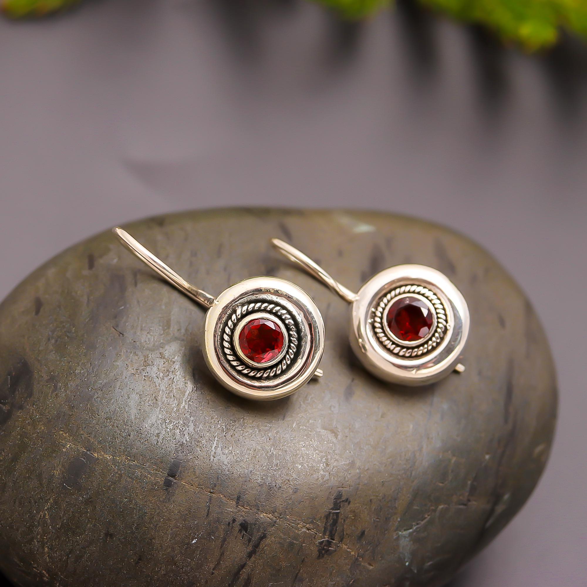 925 Silver Round Garnet Drop Earrings