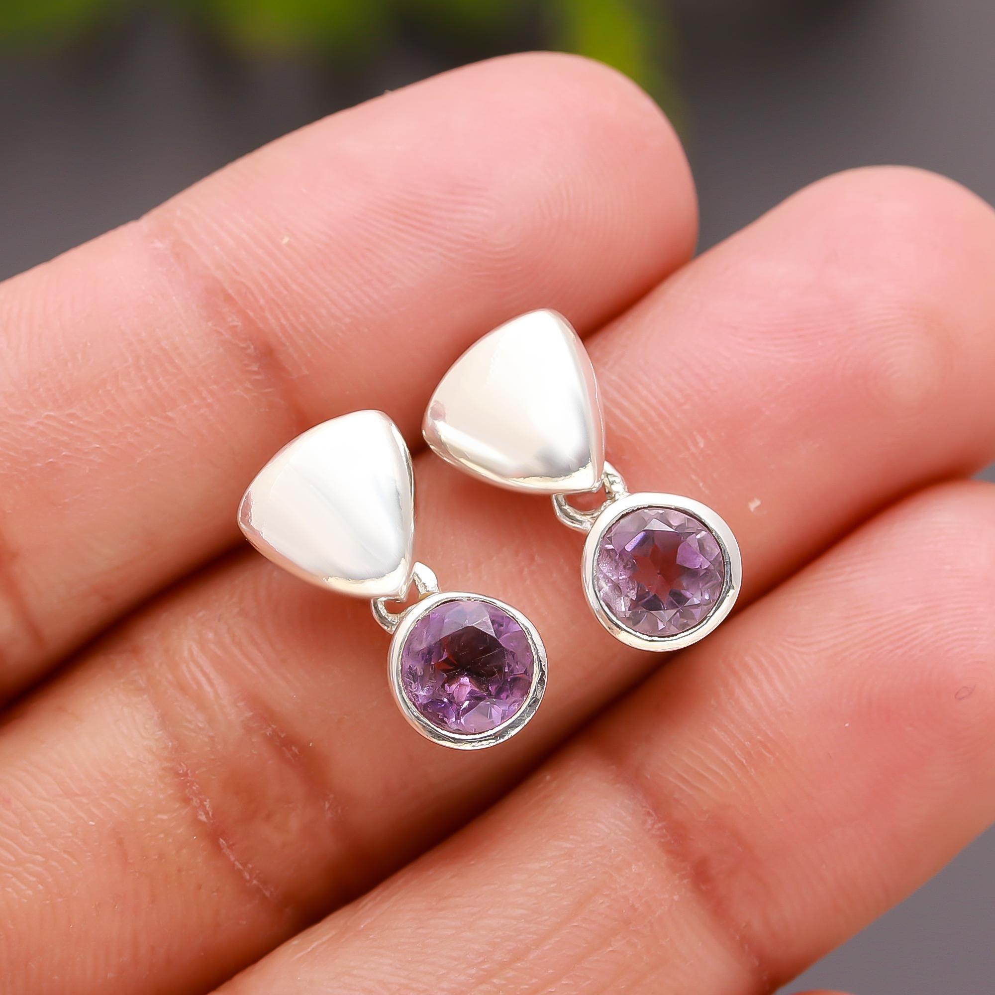 925 Silver Amethyst Round Drop Earrings