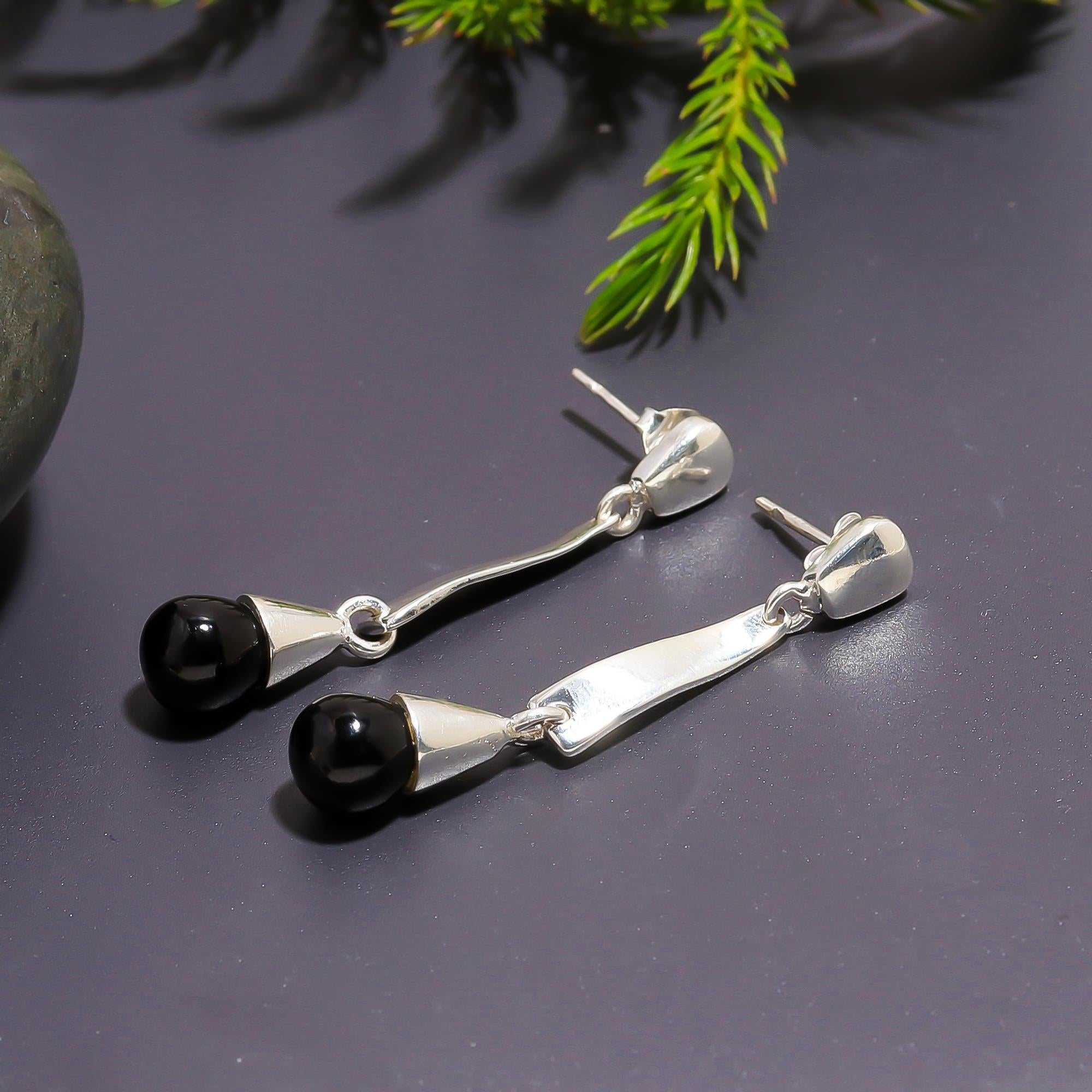 925 Silver Black Onyx Long Drop Earrings