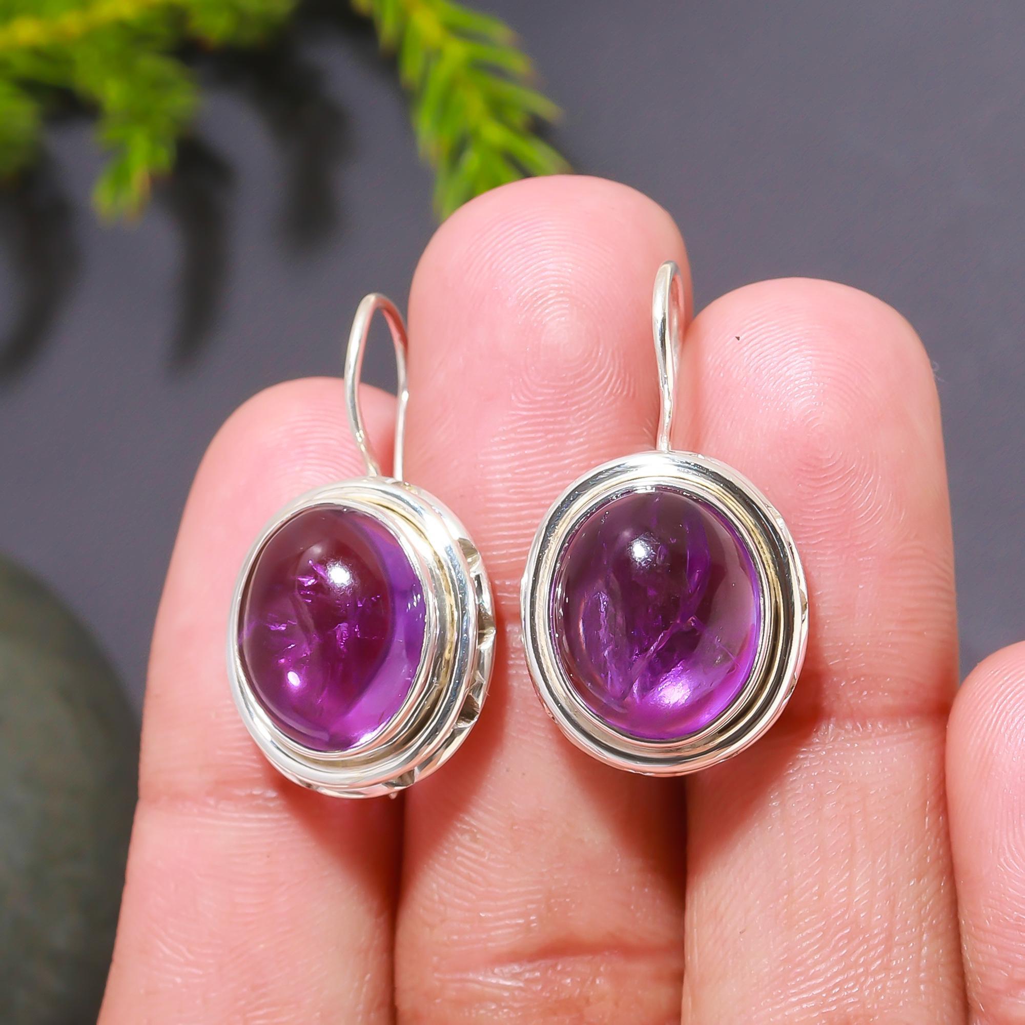 925 Silver Oval Amethyst Drop Earrings