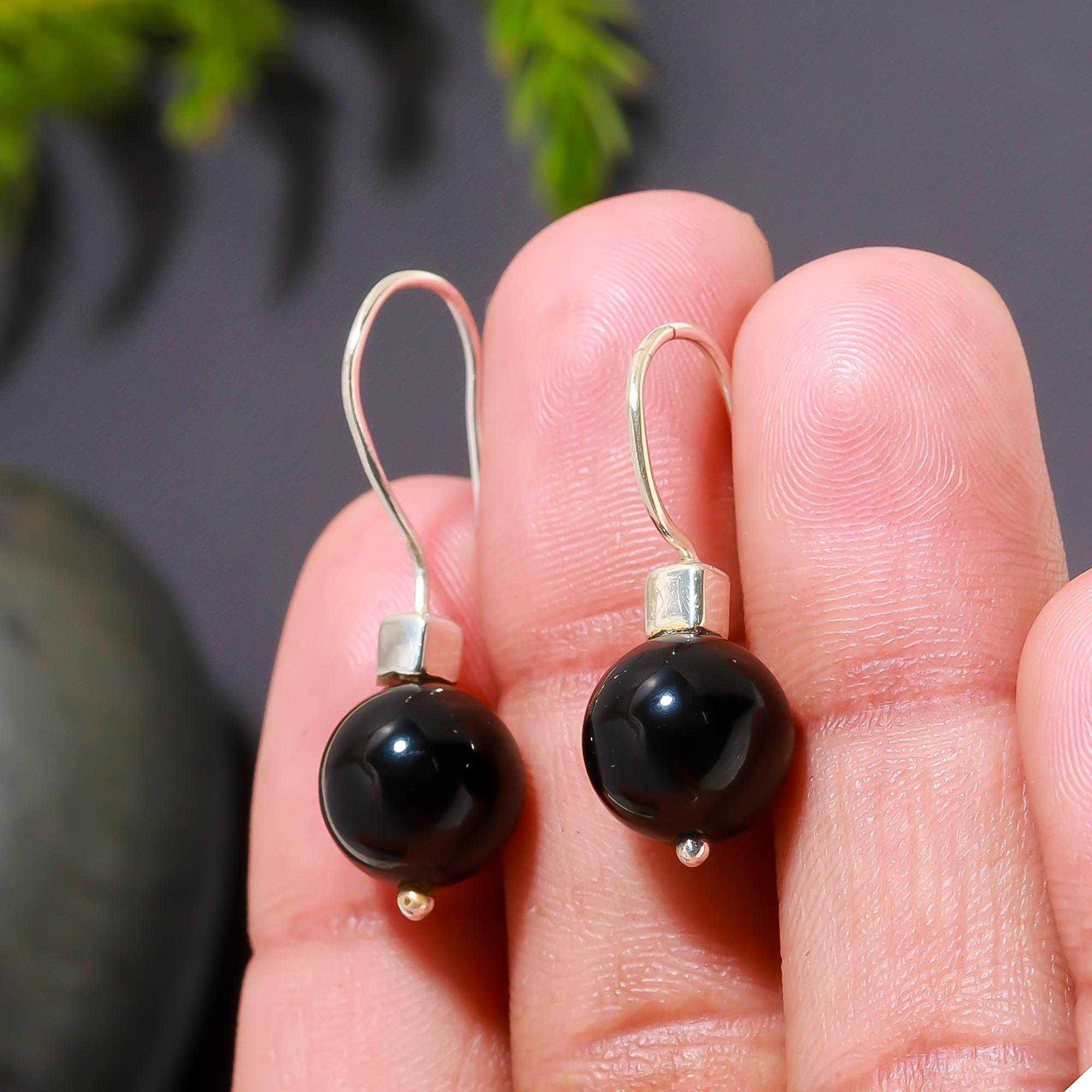 925 Silver Black Onyx Ball Drop Earrings