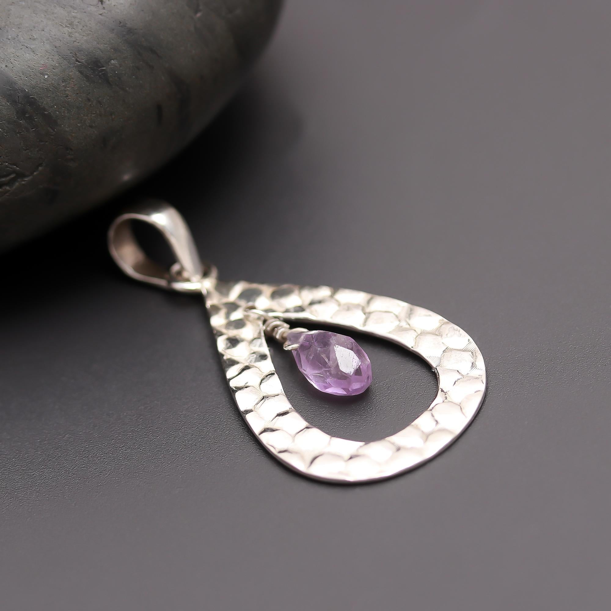 925 Silver Hammered Teardrop Amethyst Drop Pendant