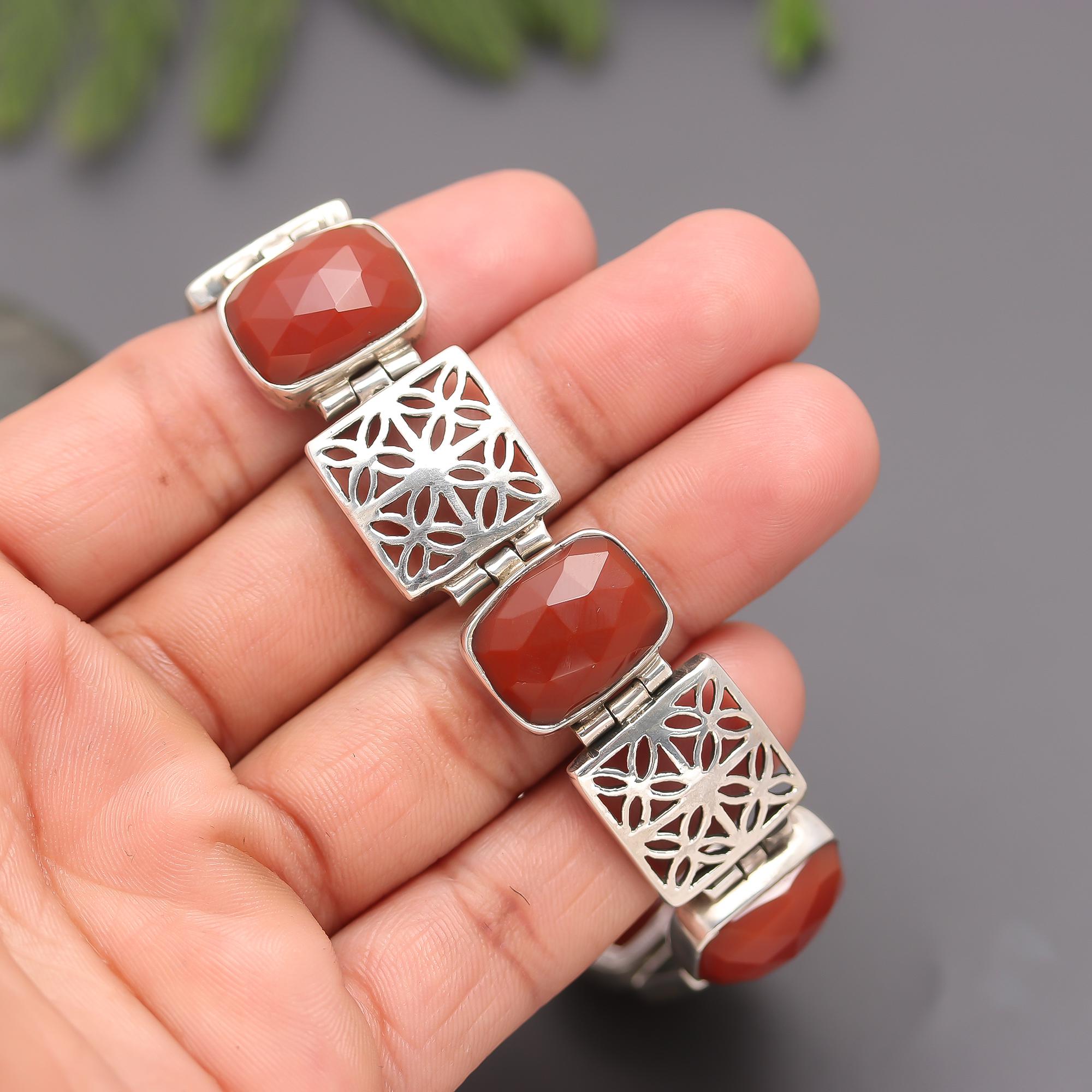 925 Sterling Silver Red Carnelian Link Bracelet