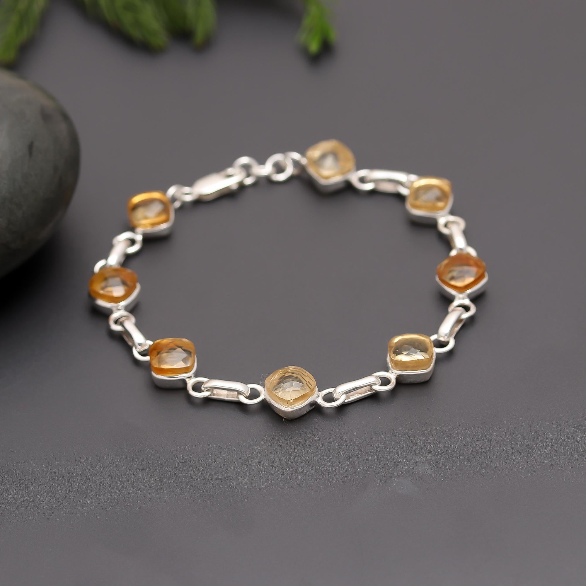 925 Silver Golden Citrine Link Bracelet