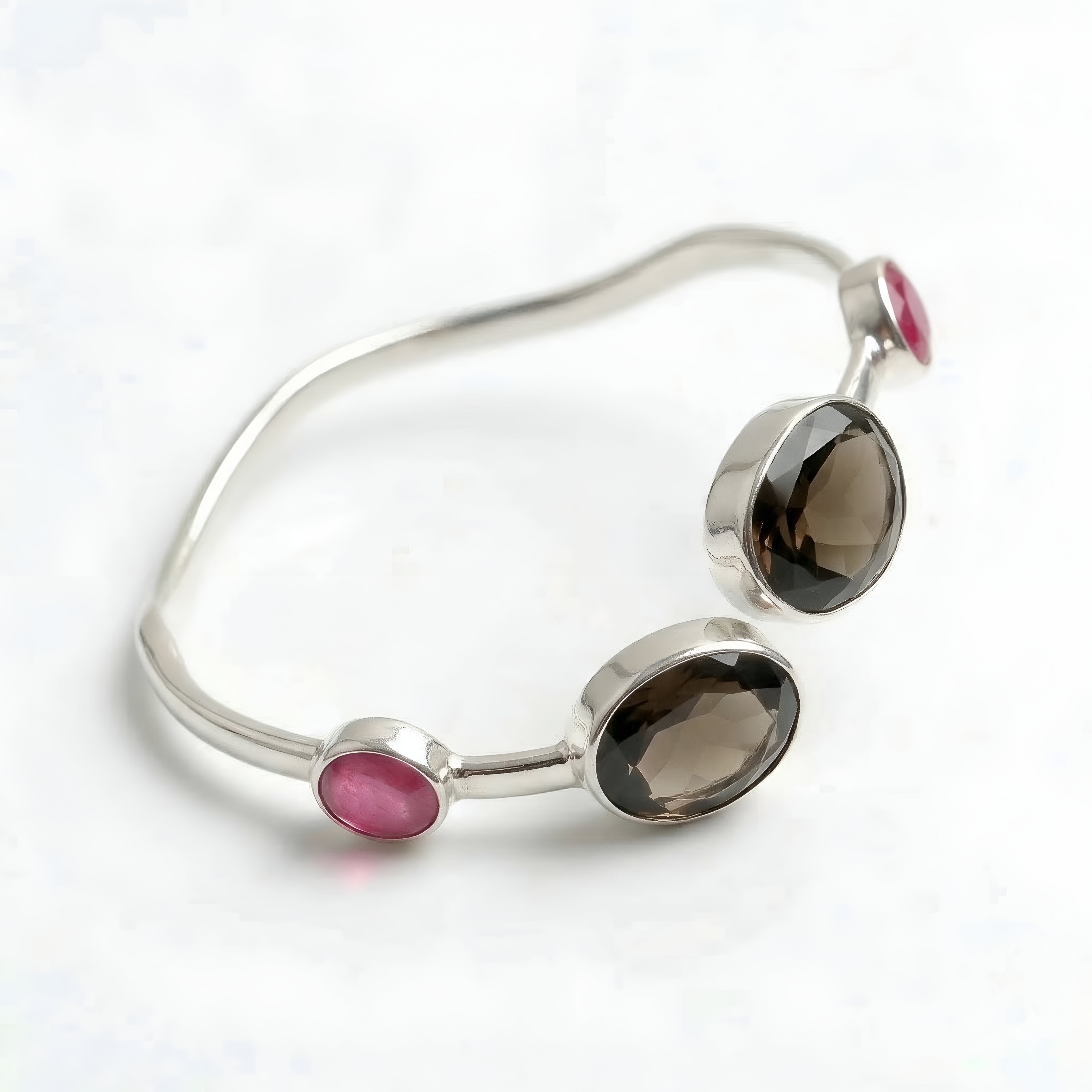 925 Silver Smoky Quartz & Ruby Cuff Bracelet