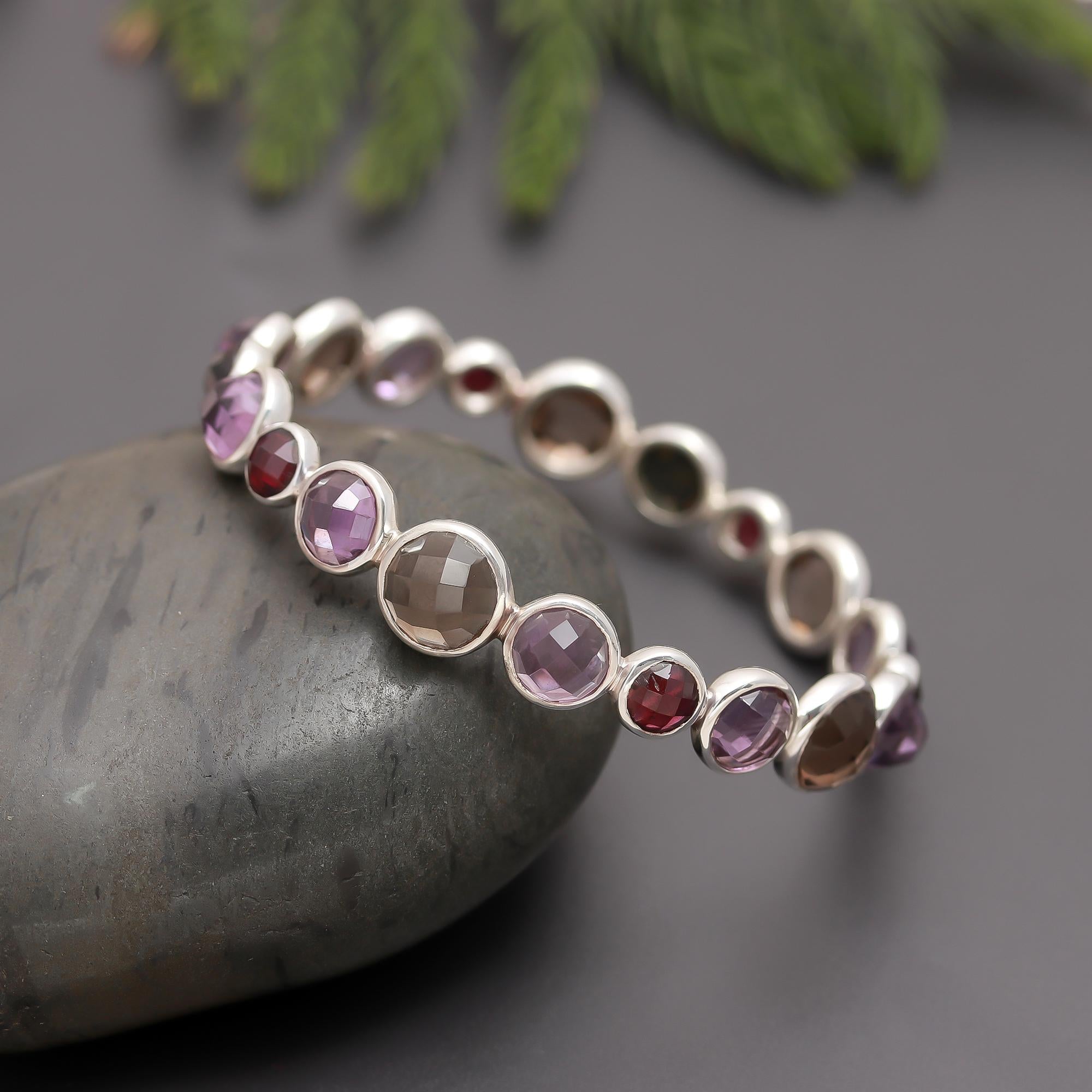 925 Silver Multi-Gemstone Faceted Bangle Bracelet