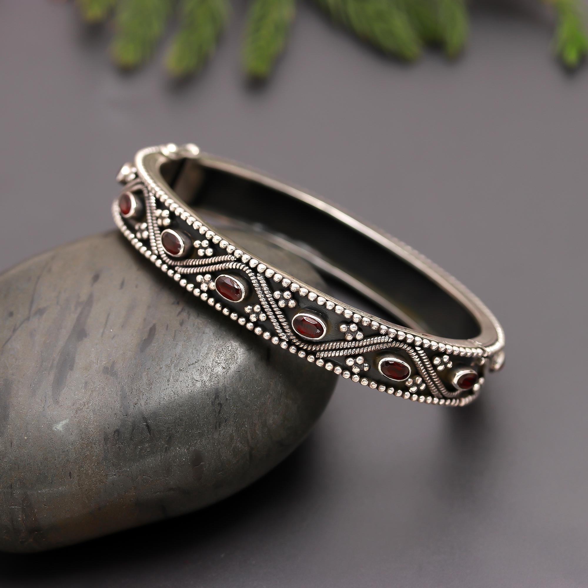 925 Silver Garnet Bangle Bracelet