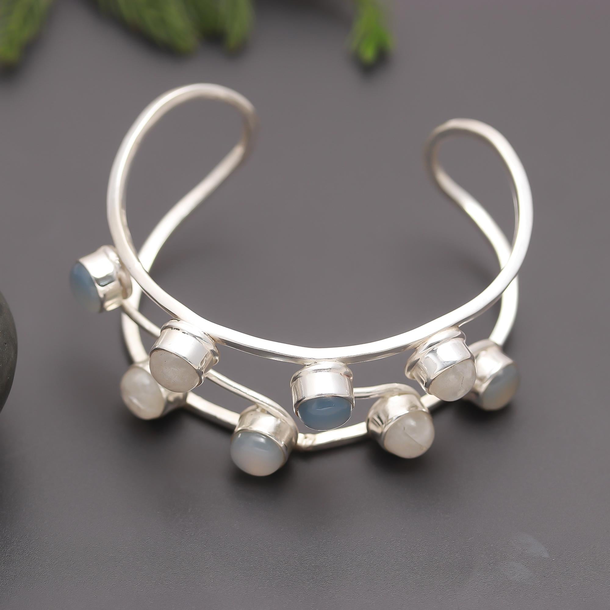925 Silver Moonstone & Grey Chalcedony Cuff Bracelets