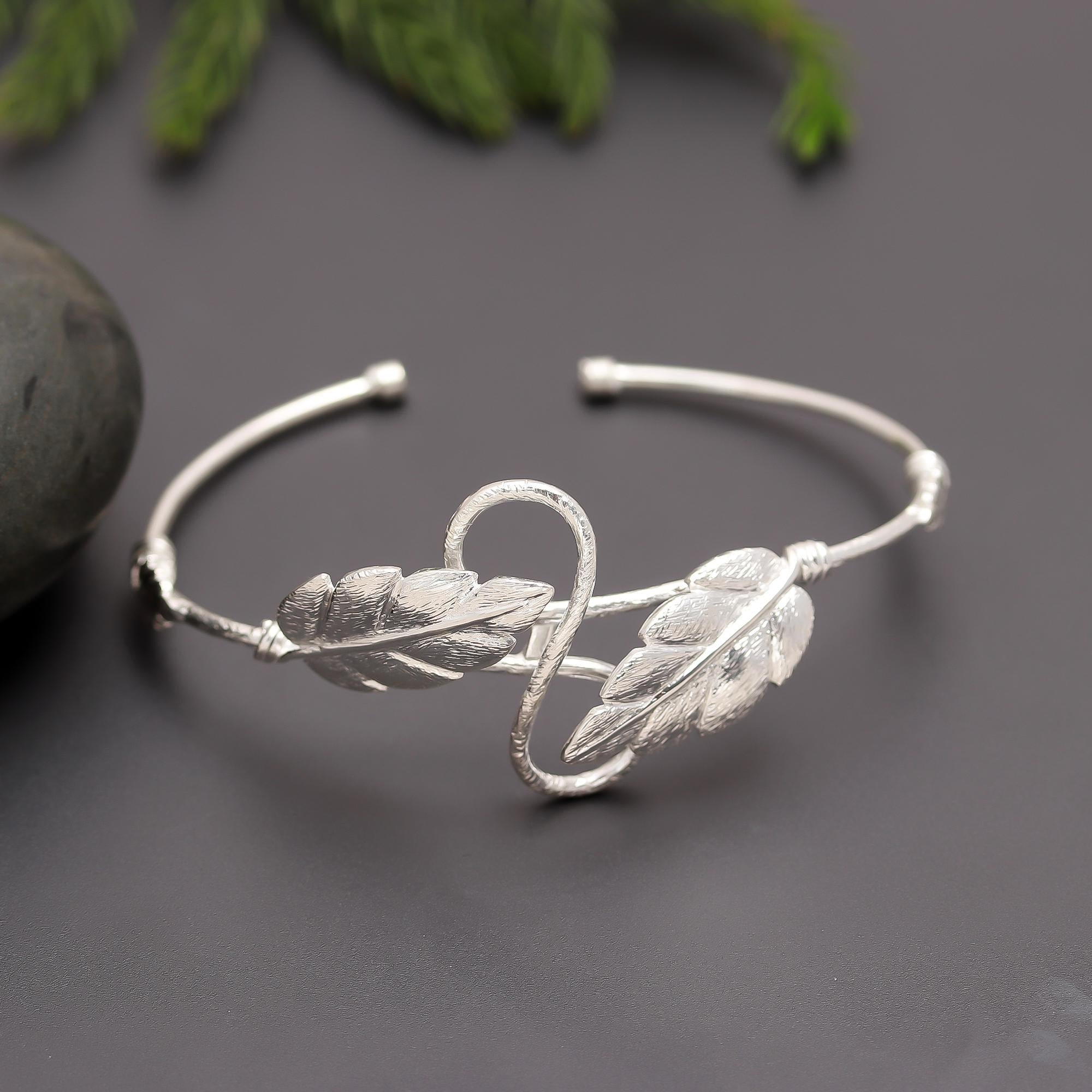925 Silver Feather Leaf Adjustable Cuff Bracelet