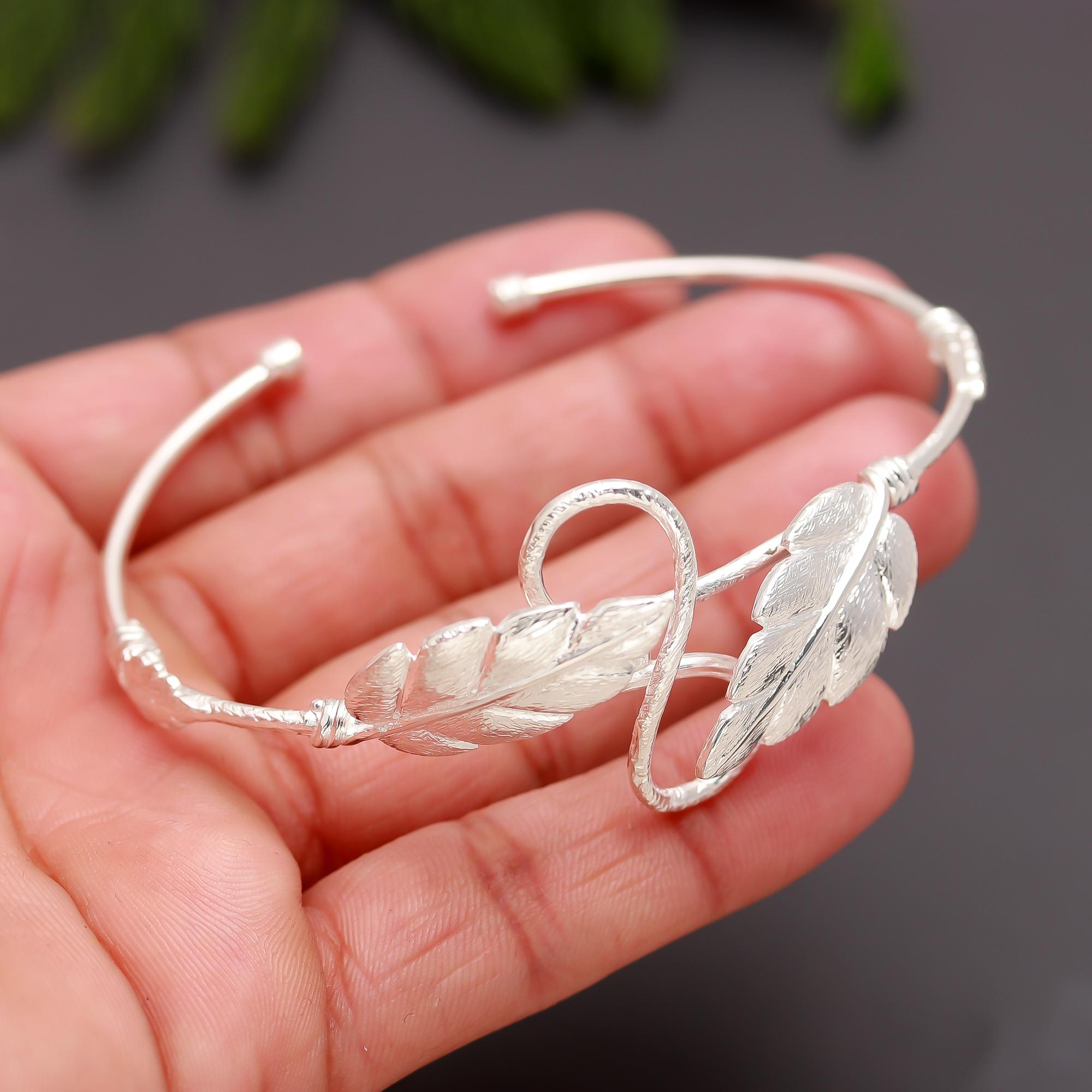 925 Silver Feather Leaf Adjustable Cuff Bracelet