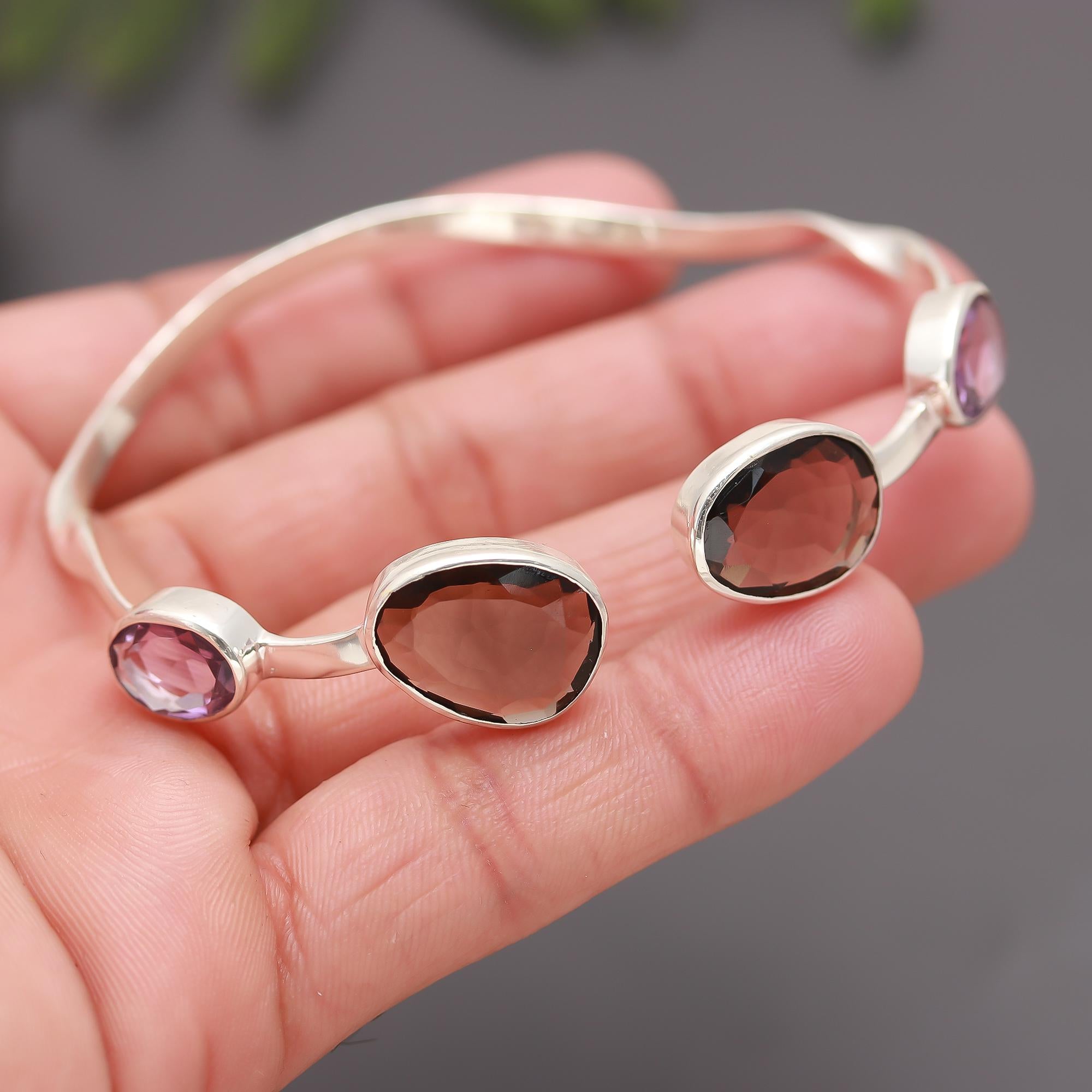 925 Silver Smoky Quartz & Amethyst Cuff Bracelet