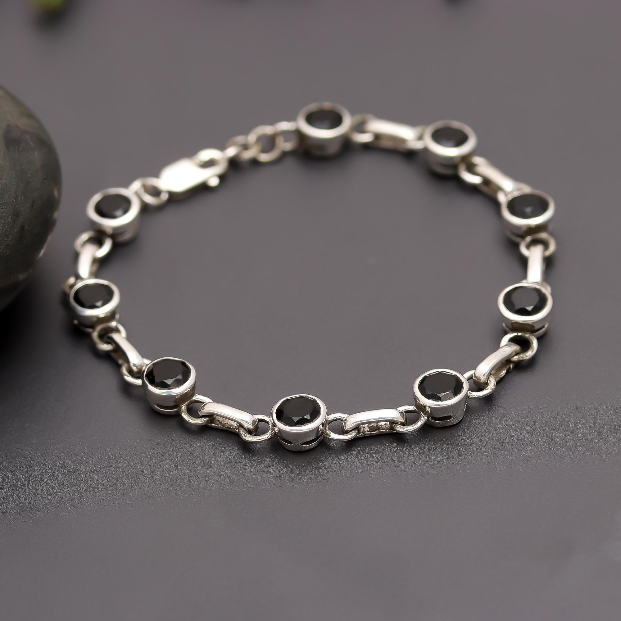 925 Silver Black Onyx Round Link Bracelet