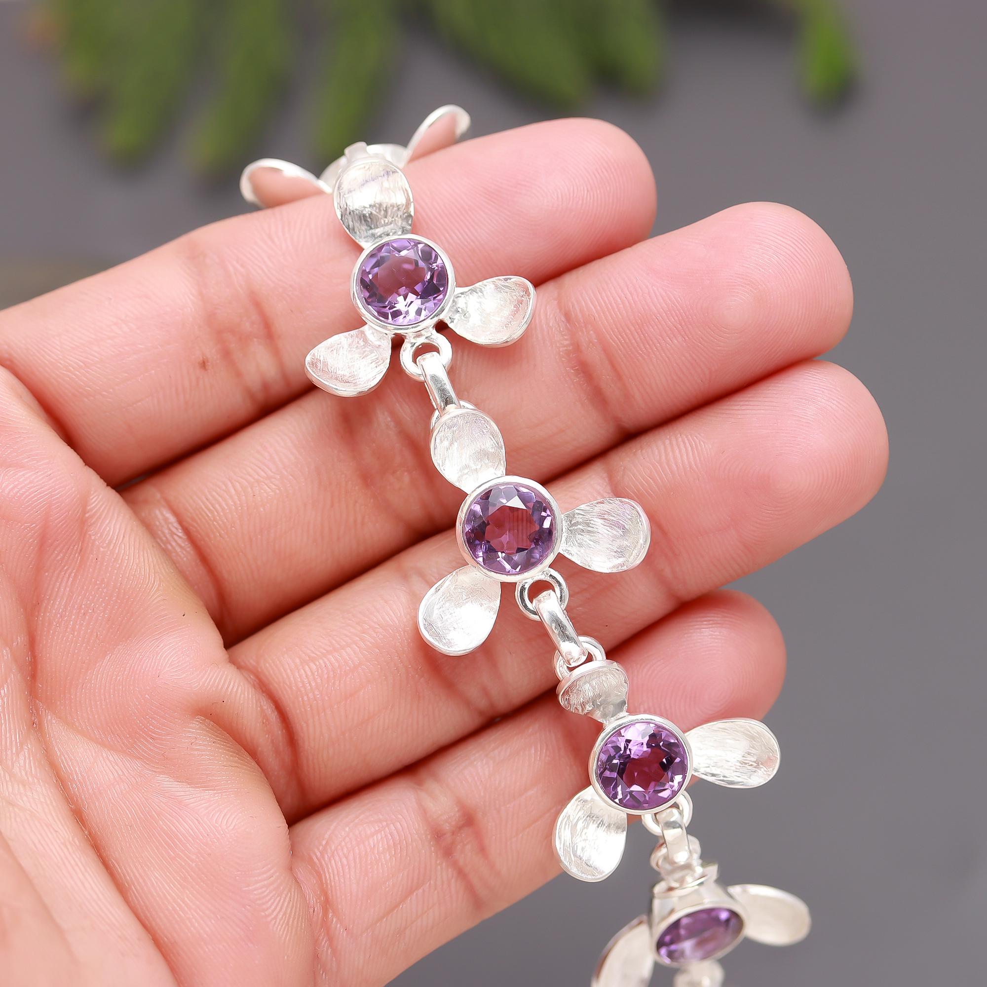 925 Silver Floral Round Amethyst Bracelet