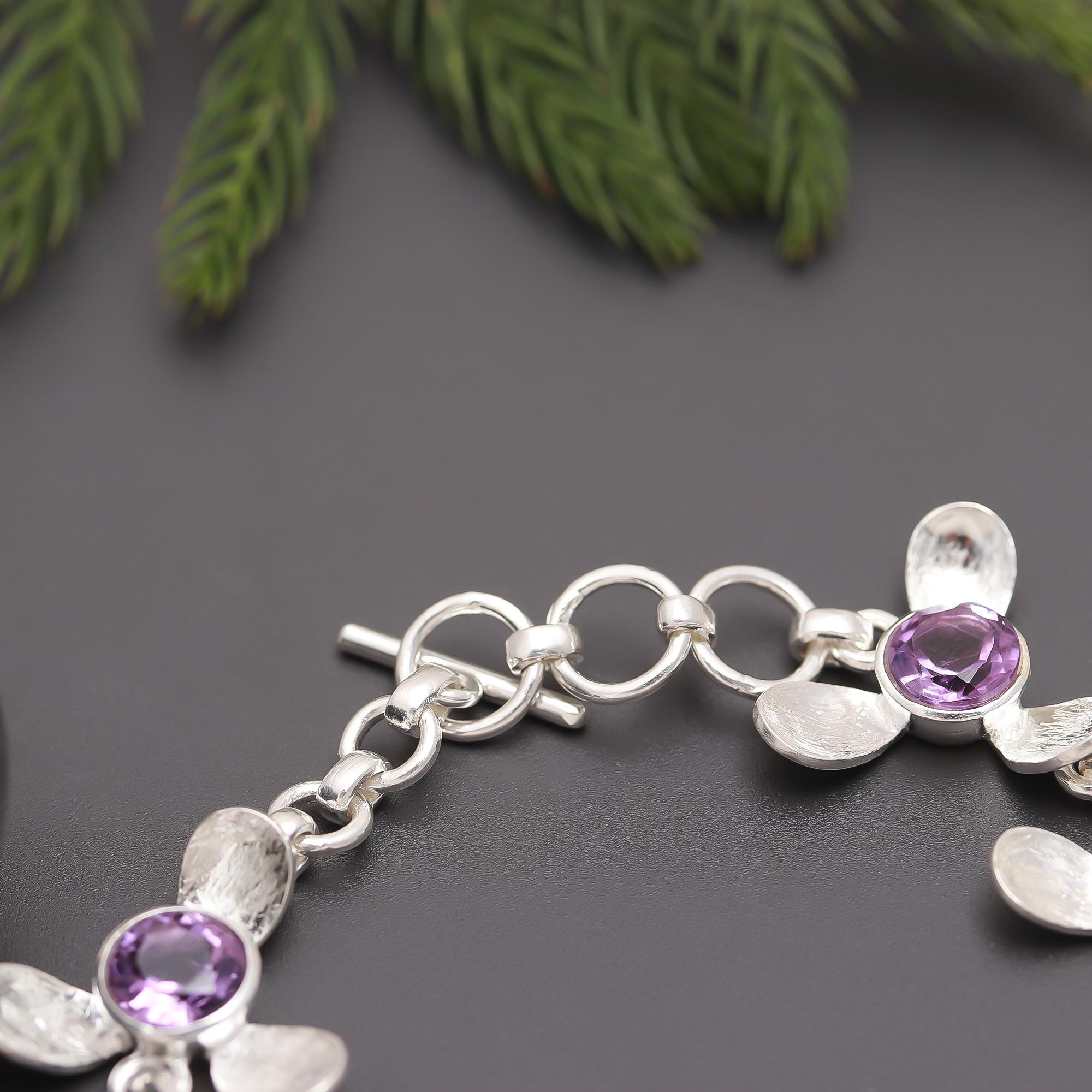 925 Silver Floral Round Amethyst Bracelet