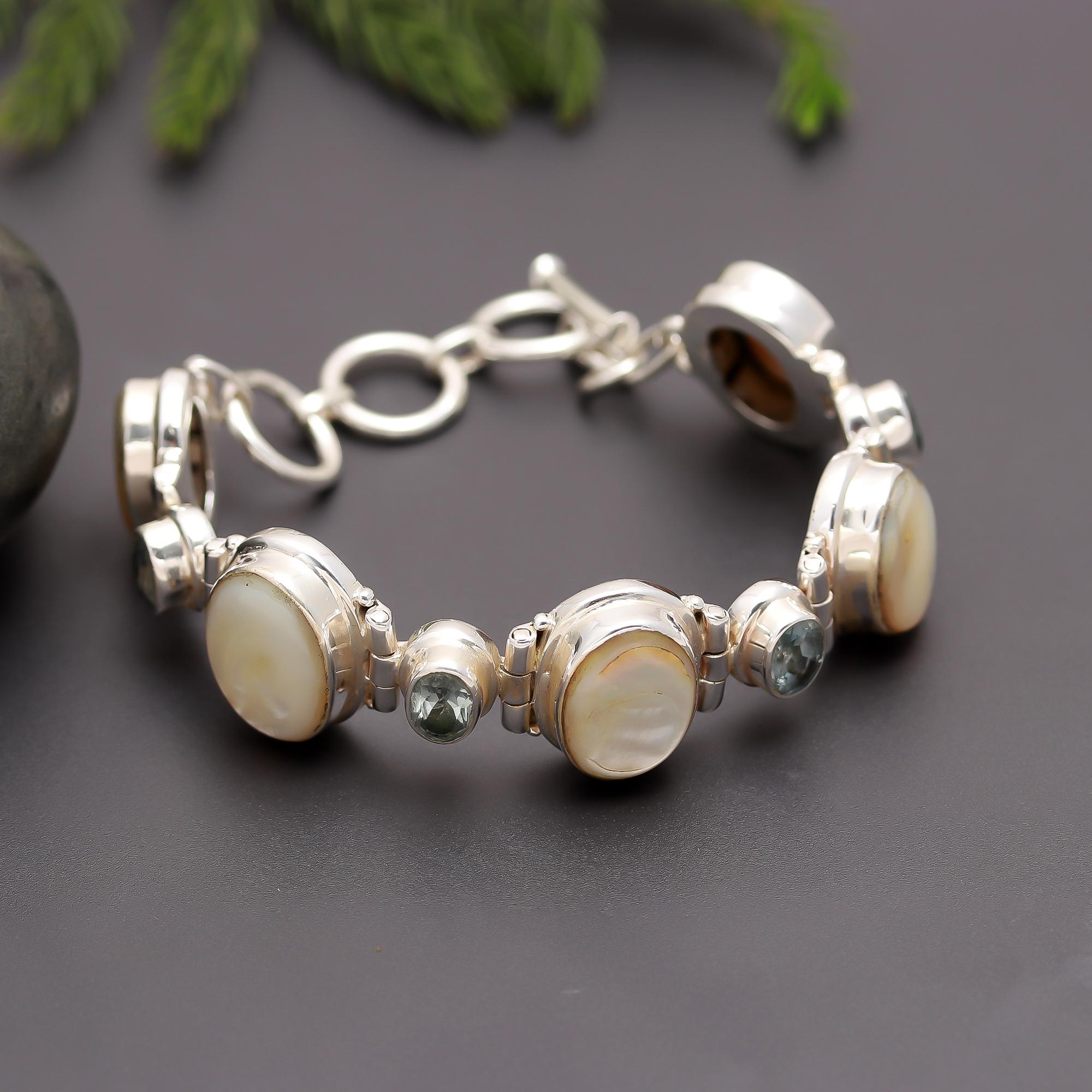 925 Silver Pearl & Aquamarine Bracelet