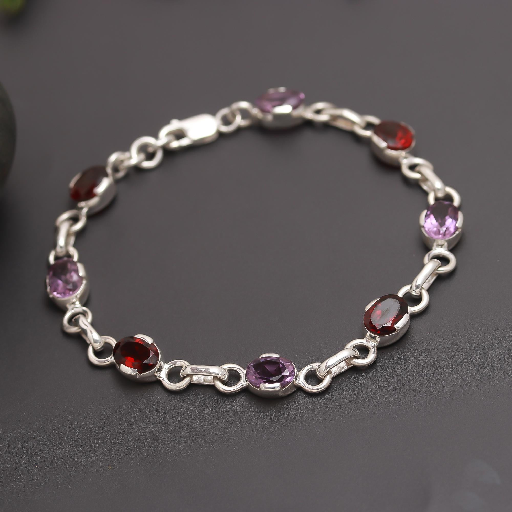 925 Silver Garnet & Amethyst Link Bracelet