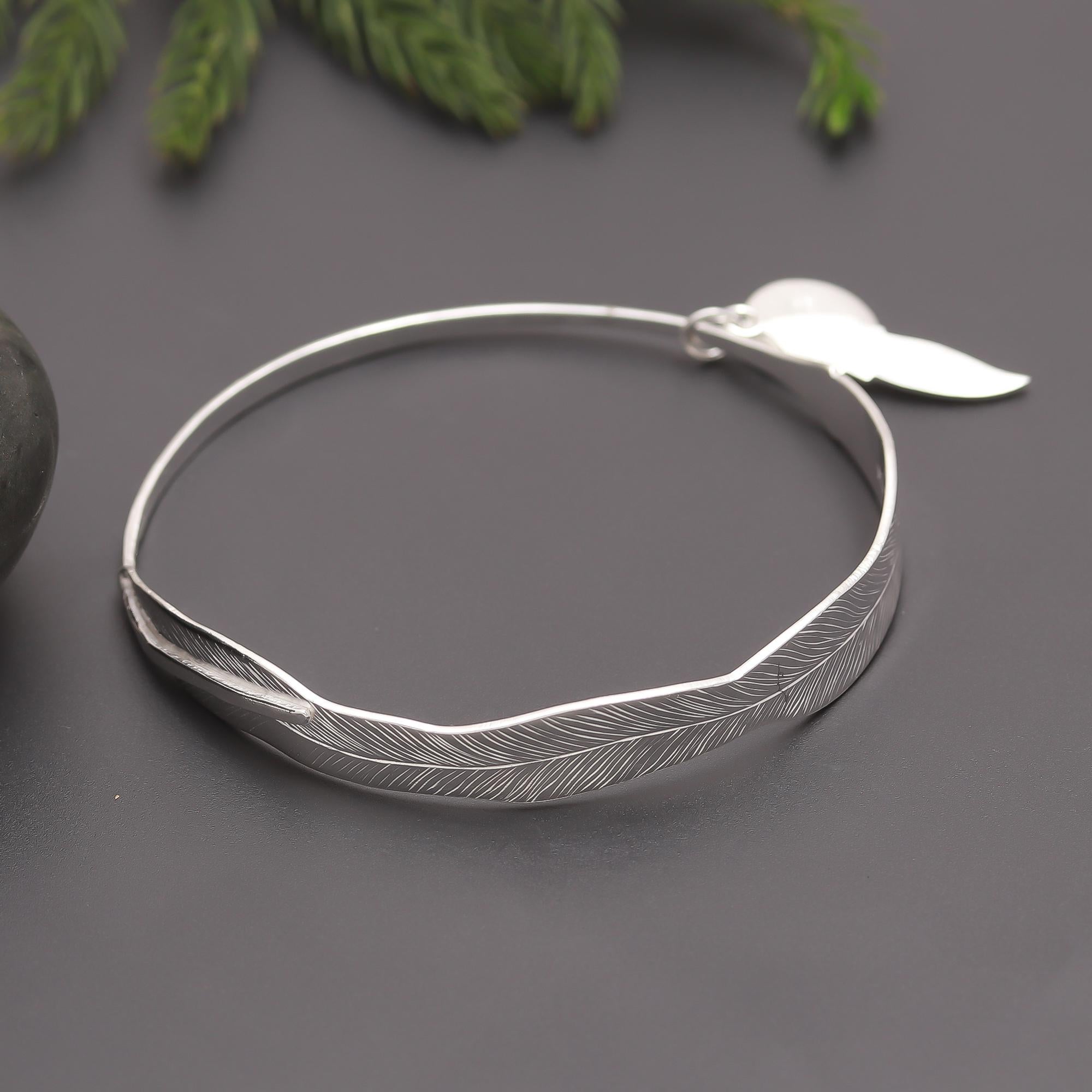 925 Silver Feather Bangle Bracelet