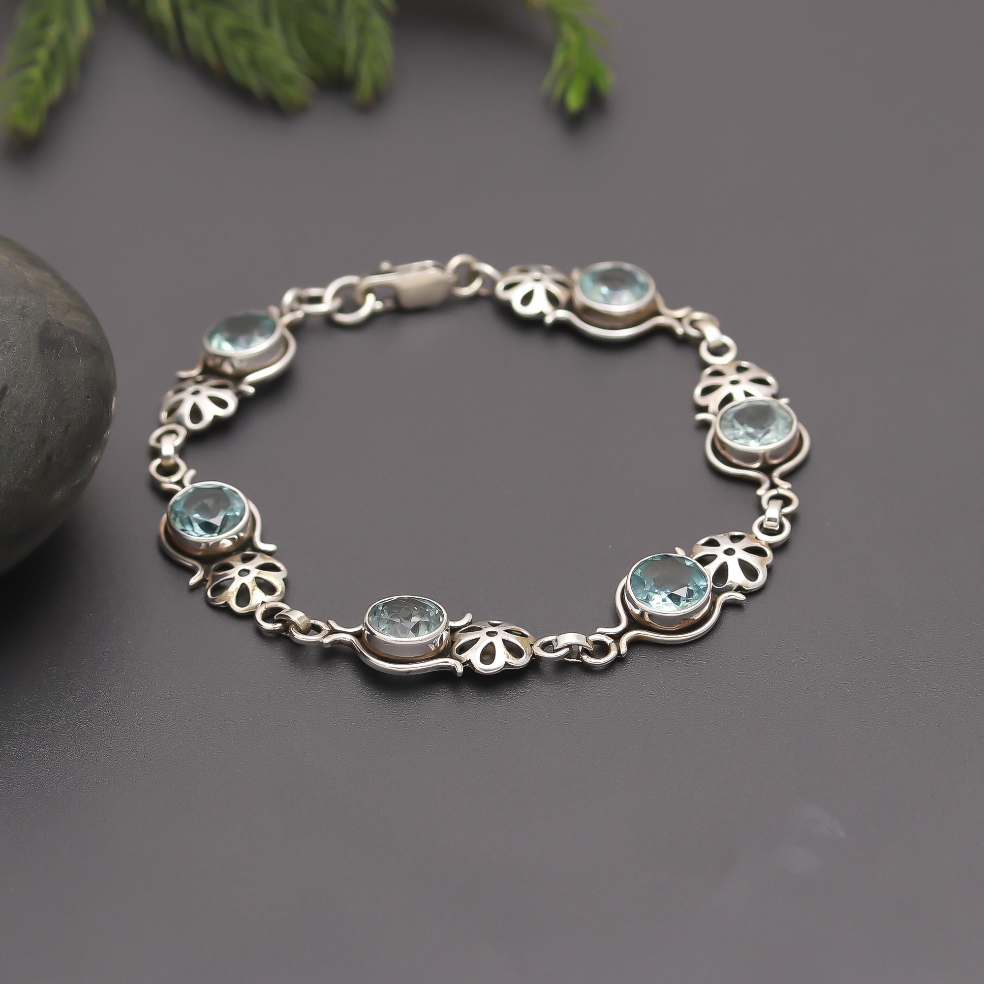 925 Silver Floral Blue Topaz Link Bracelet